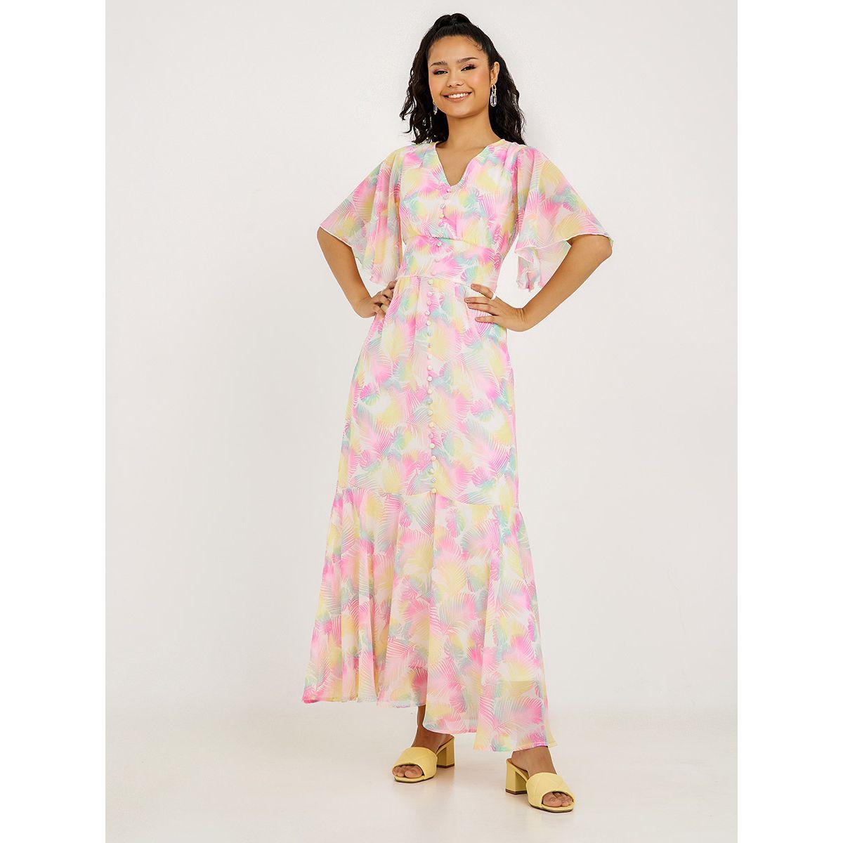 Styli Flare Sleeves Palm Print Maxi Dress with Button Detail-women-clothing-dresses-image-2