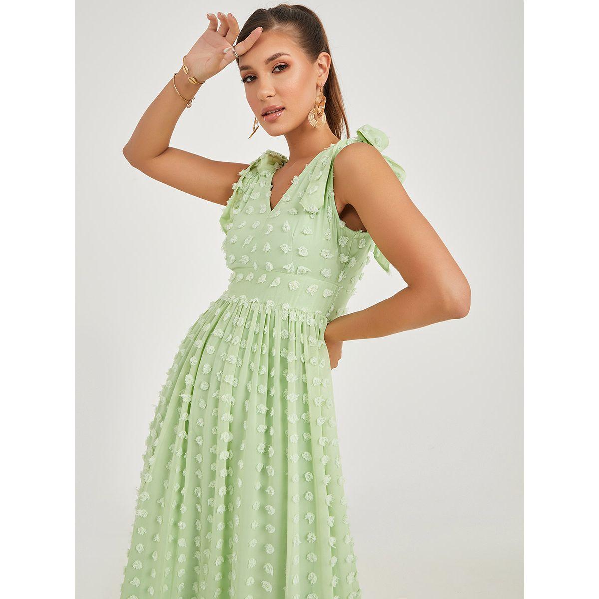 Styli Tie Shoulder Strap Dobby Self Design A-Line Maxi Dress-women-clothing-dresses-image-2
