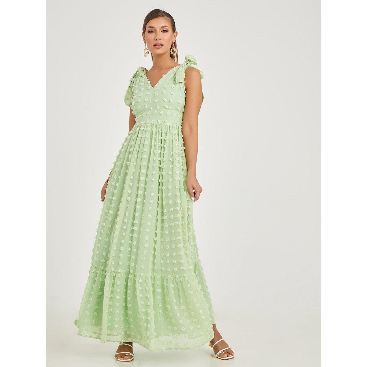Styli Tie Shoulder Strap Dobby Self Design A-Line Maxi Dress-women-clothing-dresses-image-4