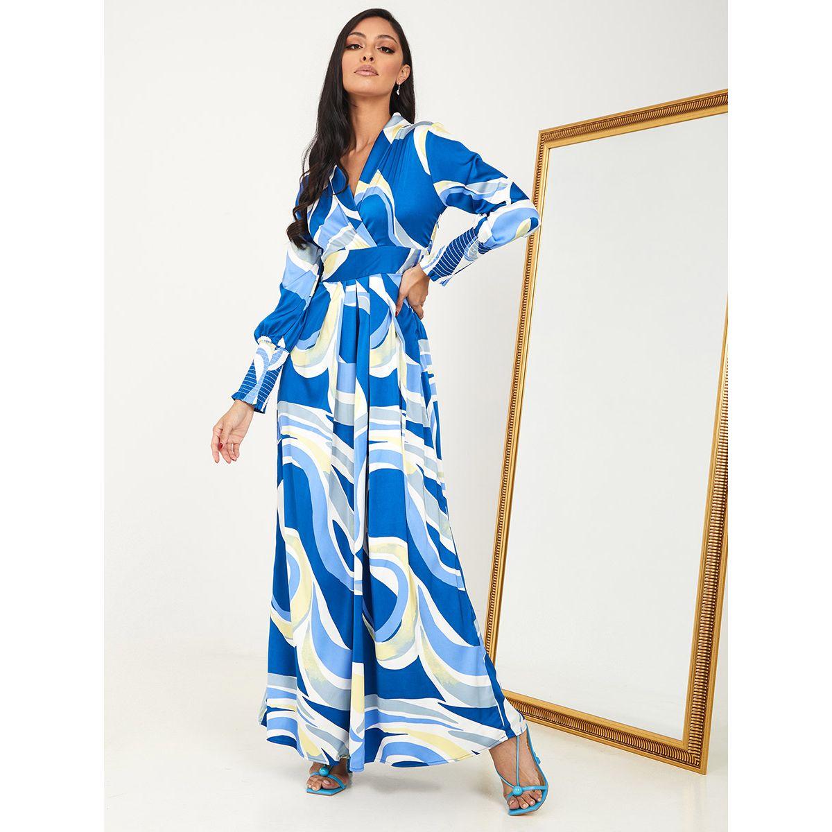 Styli Shirred Cuff Sleeves Abstract Print A-Line Maxi Dress-women-clothing-dresses-image-1