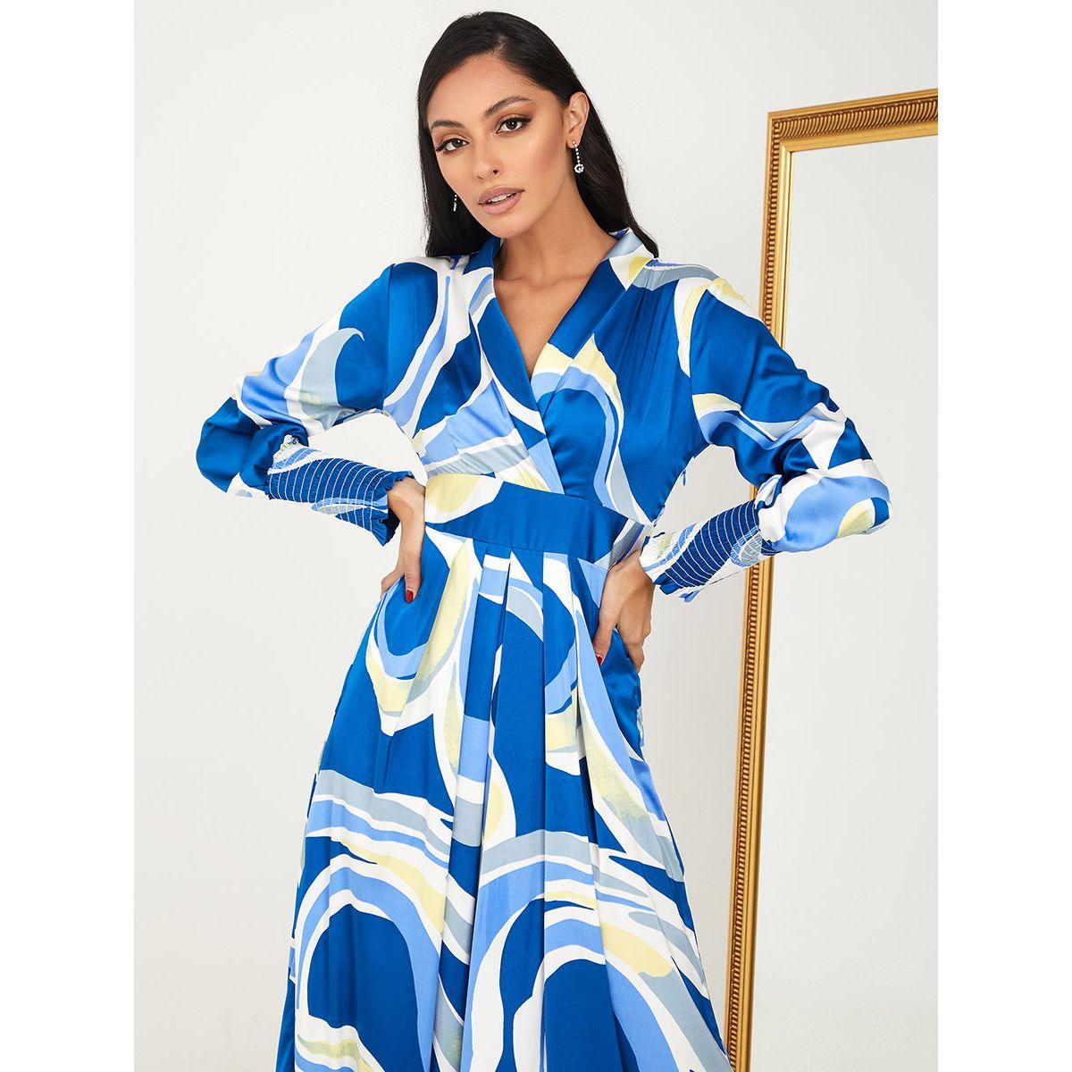 Styli Shirred Cuff Sleeves Abstract Print A-Line Maxi Dress-women-clothing-dresses-image-2