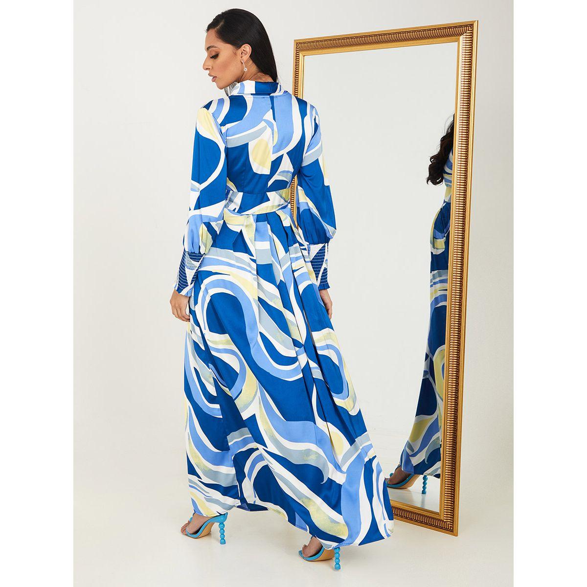 Styli Shirred Cuff Sleeves Abstract Print A-Line Maxi Dress-women-clothing-dresses-image-4