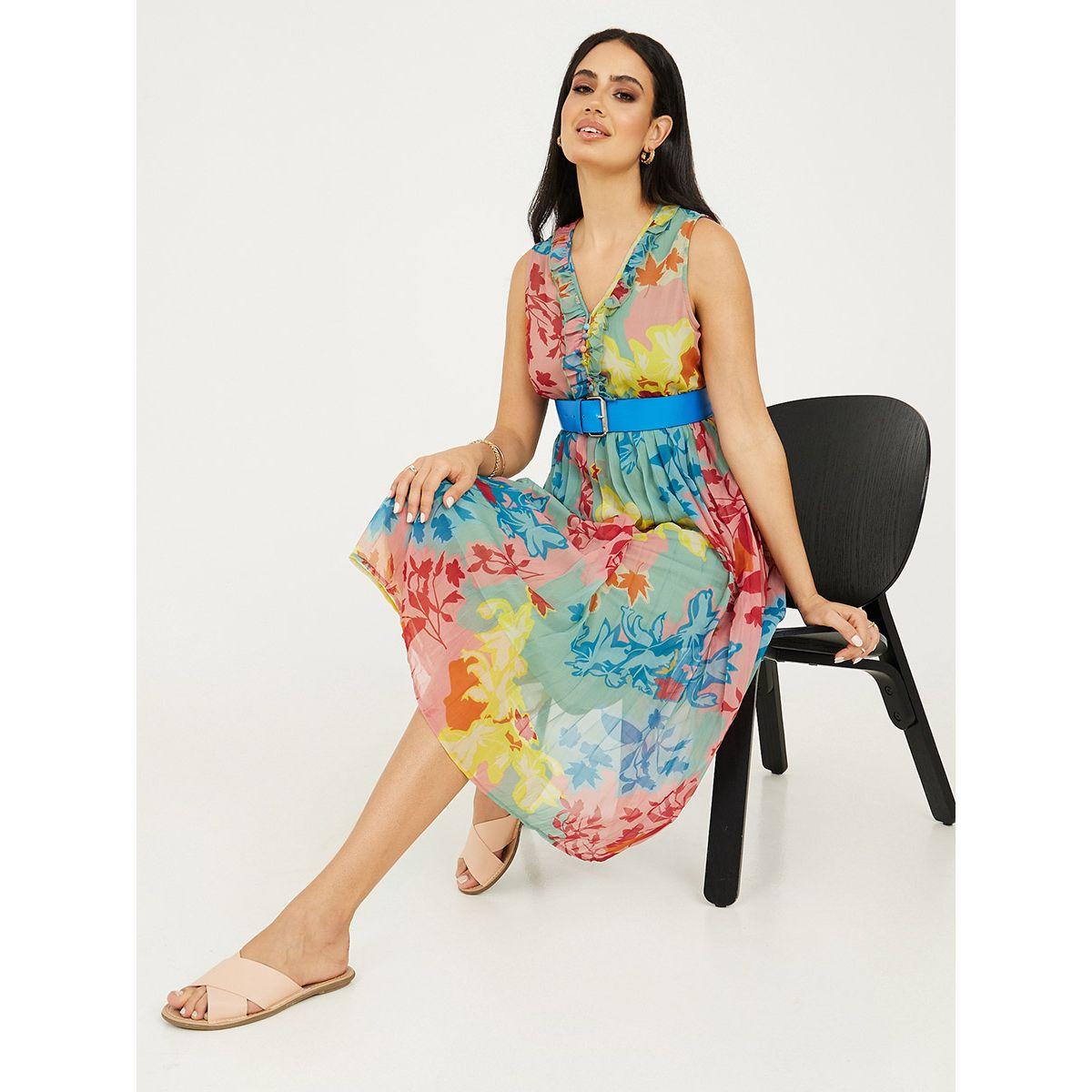 Styli Sleeveless Floral Pleated A-Line Midi Dress with Belt-women-clothing-dresses-image-1