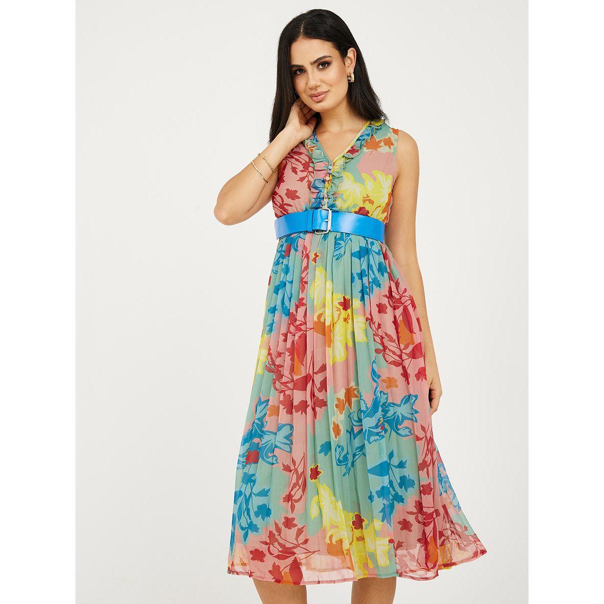 Styli Sleeveless Floral Pleated A-Line Midi Dress with Belt-women-clothing-dresses-image-3
