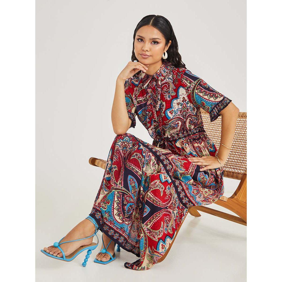 Styli Short Sleeves Floral Paisley Print Shirt Maxi Dress-women-clothing-dresses-image-1