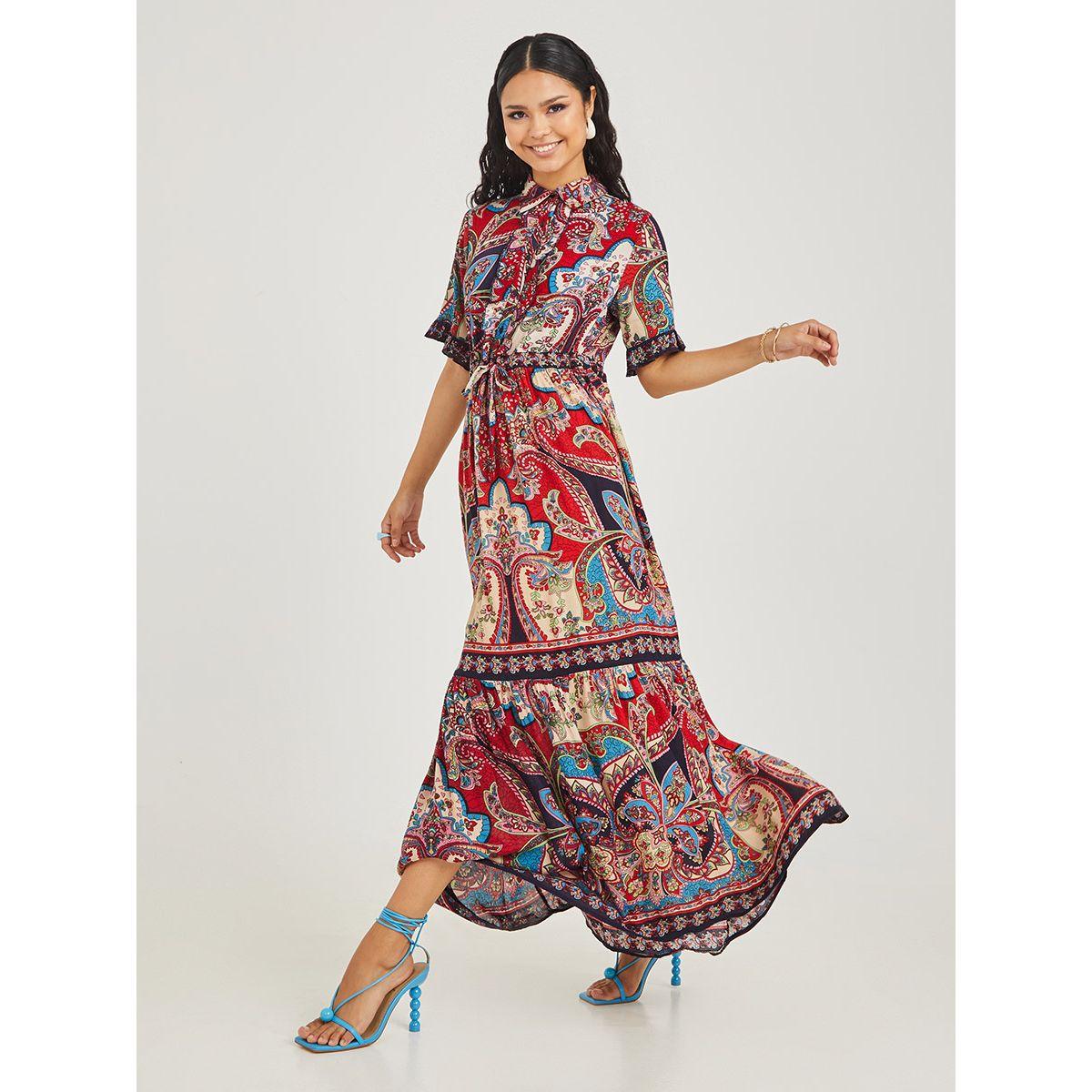 Styli Short Sleeves Floral Paisley Print Shirt Maxi Dress-women-clothing-dresses-image-2