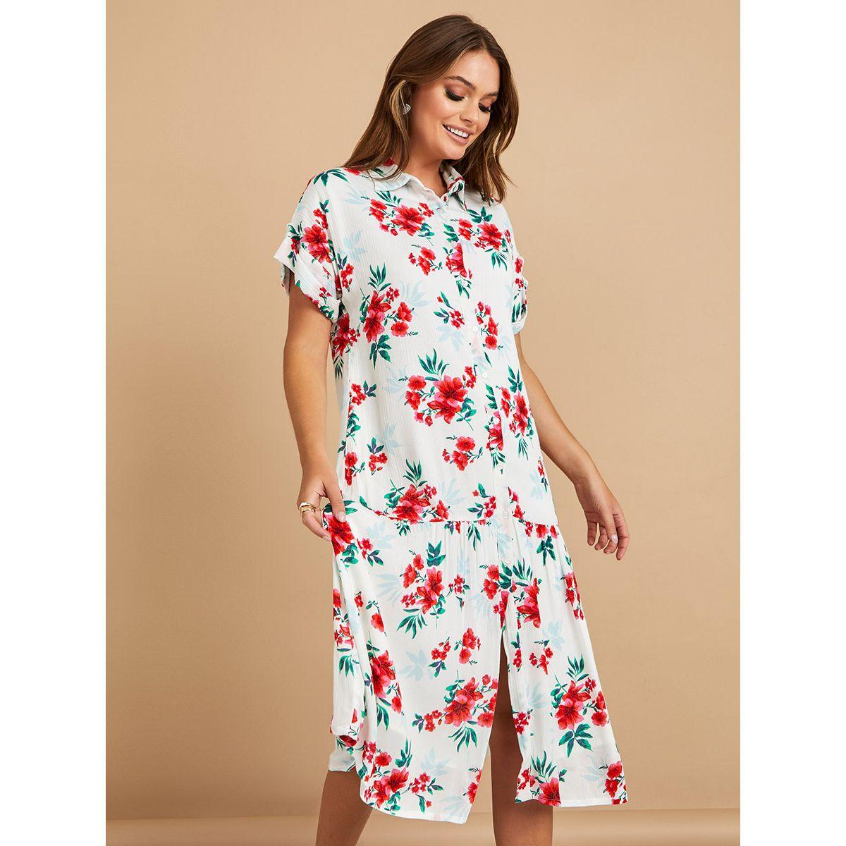 Styli Roll-Up Sleeves Floral Print Shirt Midi Dress-women-clothing-dresses-image-1