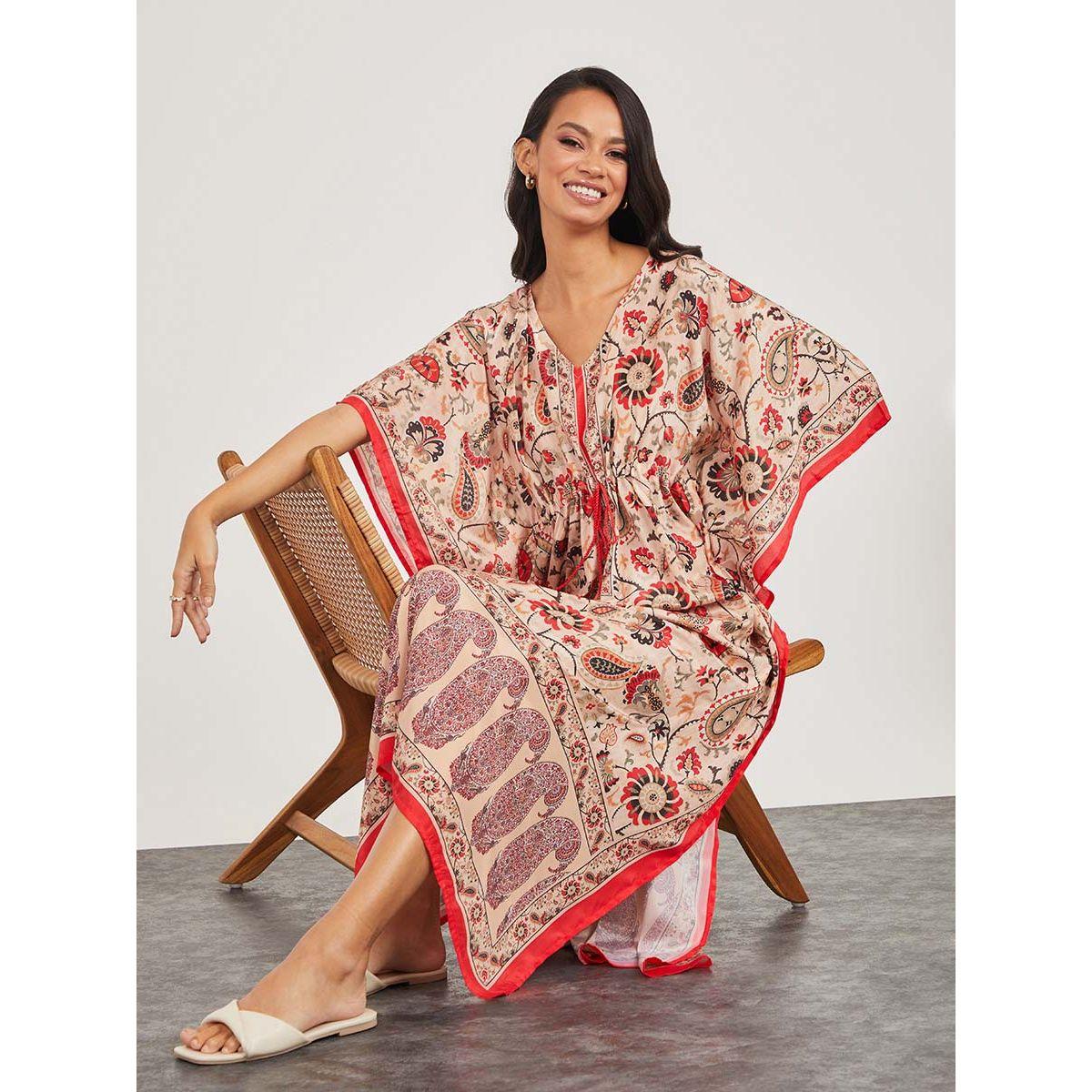 Styli 3/4 Sleeves Printed Kaftan Maxi Dress with Drawstring Detail-women-clothing-dresses-image-1