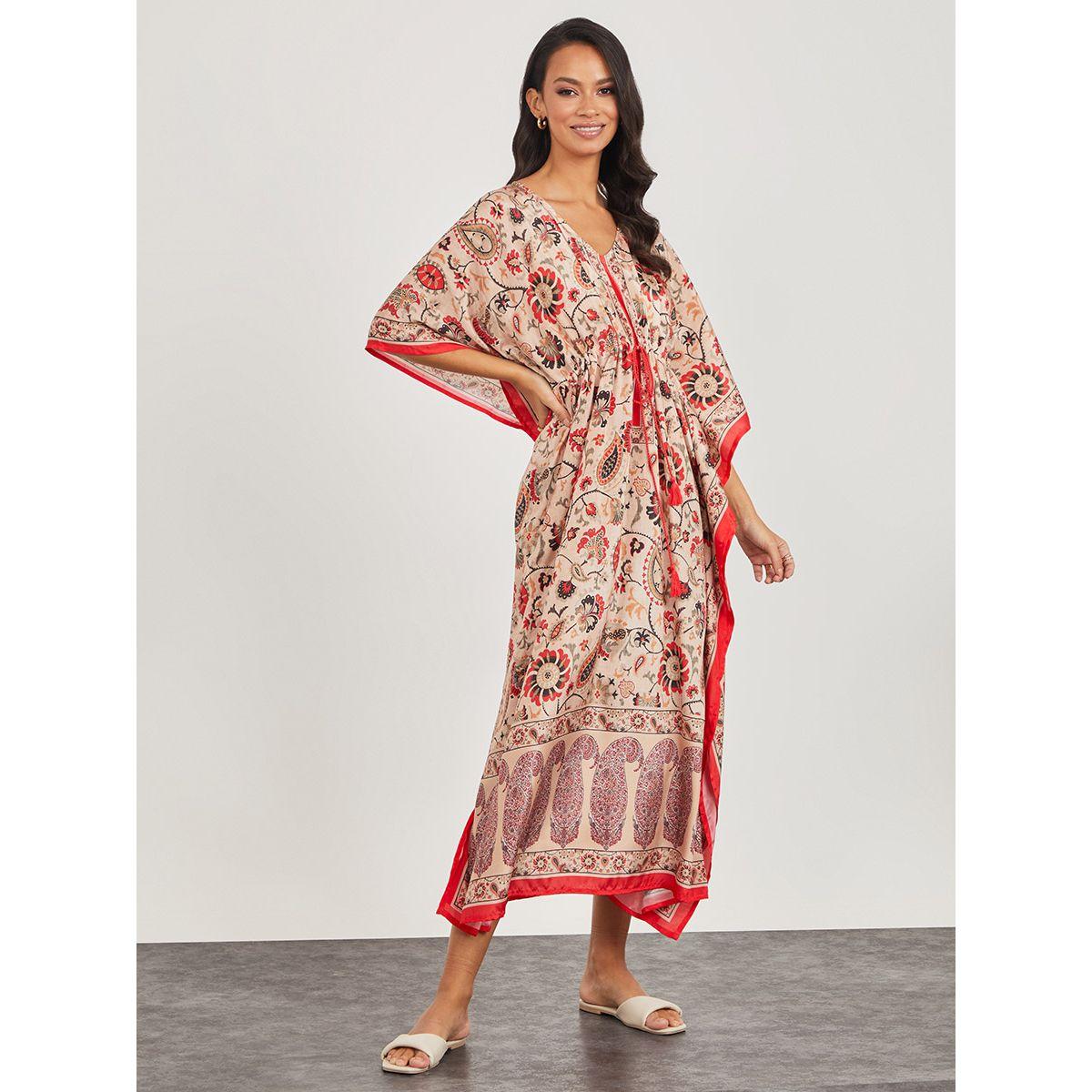 Styli 3/4 Sleeves Printed Kaftan Maxi Dress with Drawstring Detail-women-clothing-dresses-image-2