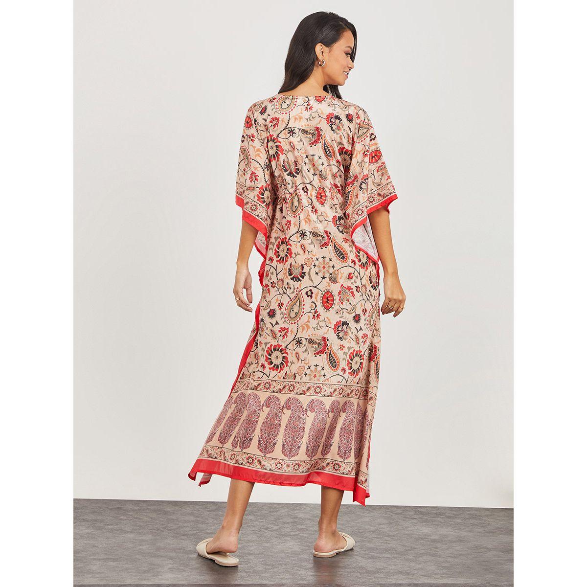 Styli 3/4 Sleeves Printed Kaftan Maxi Dress with Drawstring Detail-women-clothing-dresses-image-5