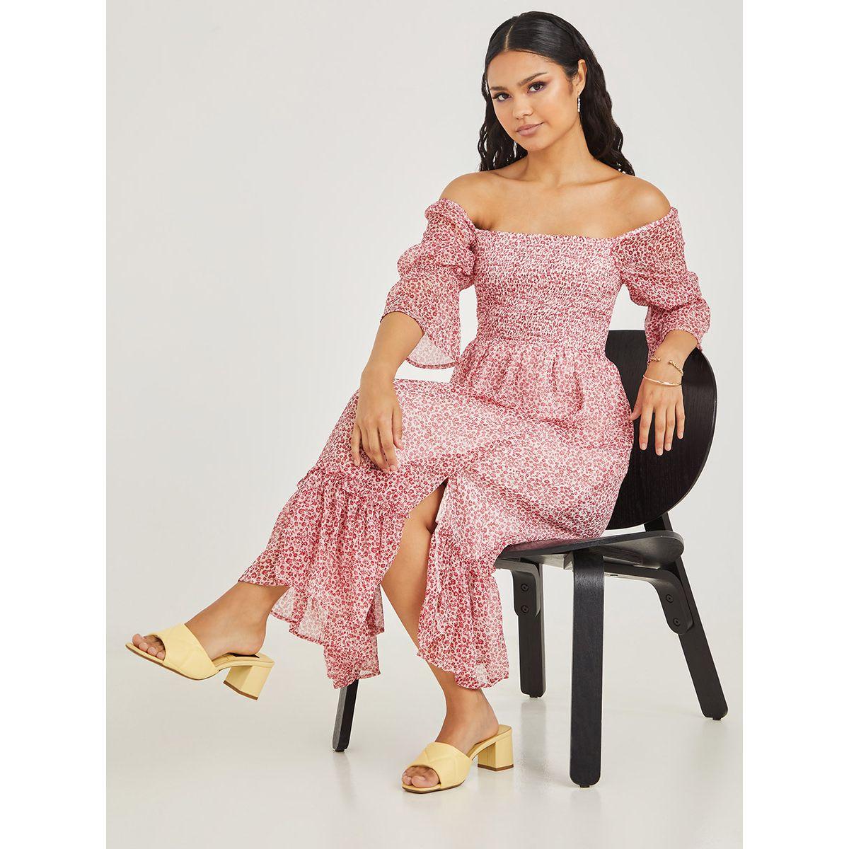 Styli 3/4 Sleeves Ditsy Print A-Line Midi Dress with Slit Hem-women-clothing-dresses-image-2