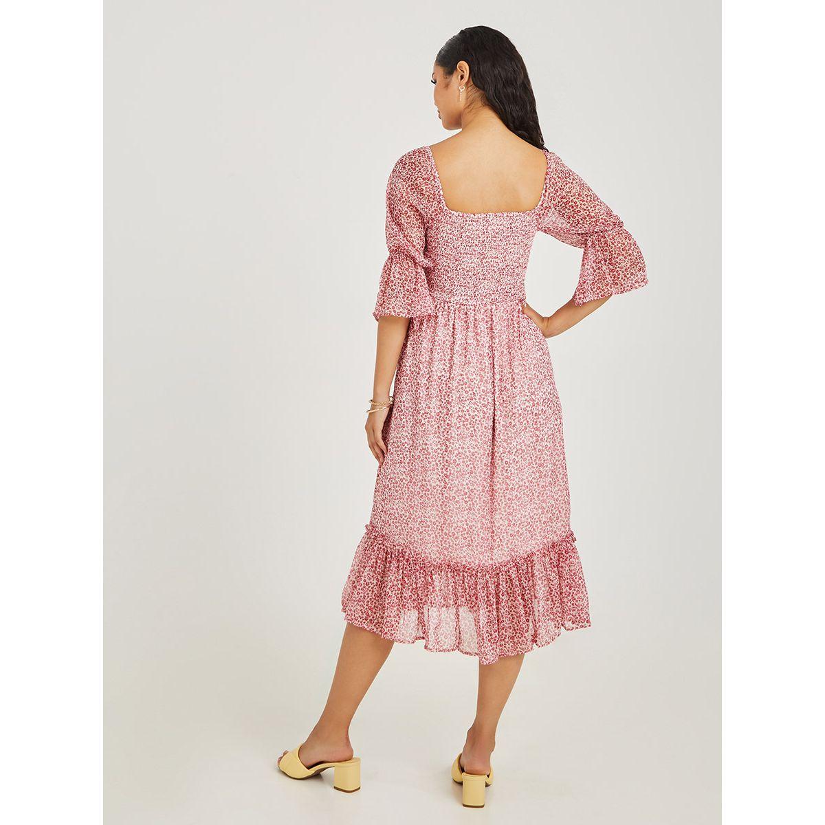 Styli 3/4 Sleeves Ditsy Print A-Line Midi Dress with Slit Hem-women-clothing-dresses-image-5