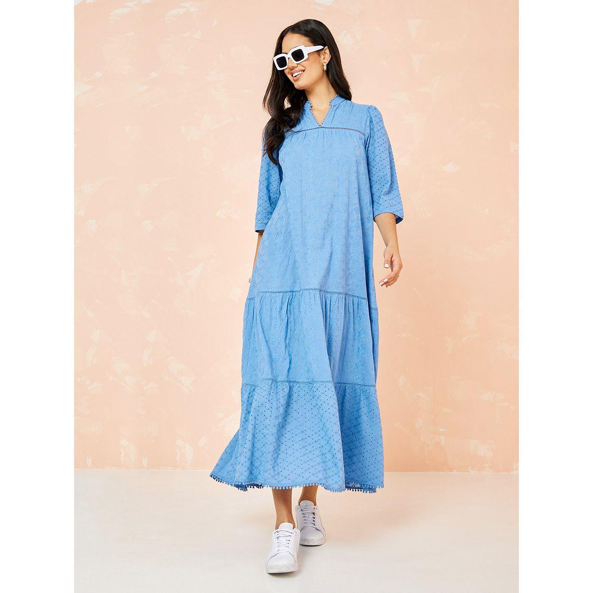 Styli 3/4 Sleeves Schiffli Tiered Maxi Dress-women-clothing-dresses-image-1