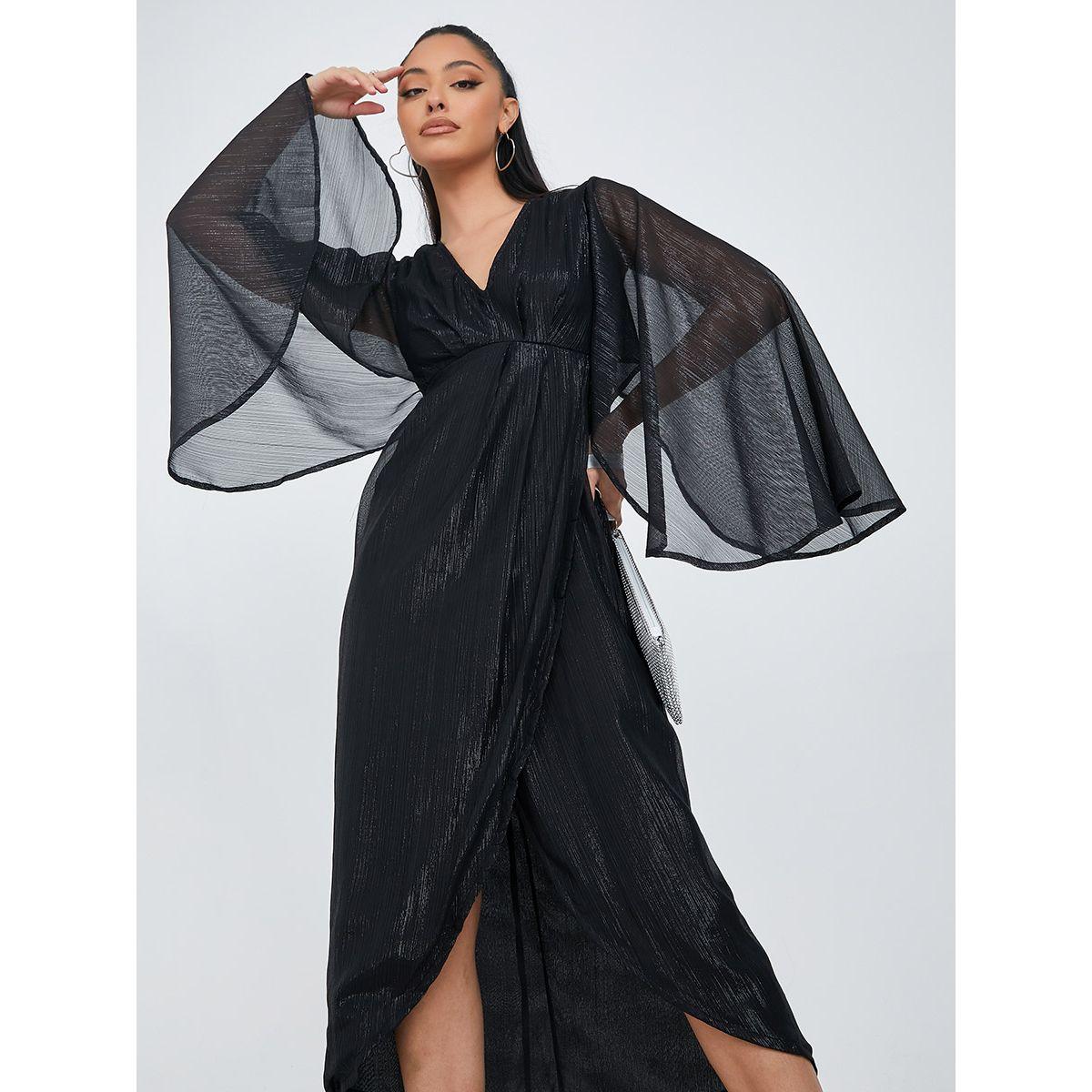 Styli Long Flare Sleeves Self Design Wrap Front Maxi Dress-women-clothing-dresses-image-1