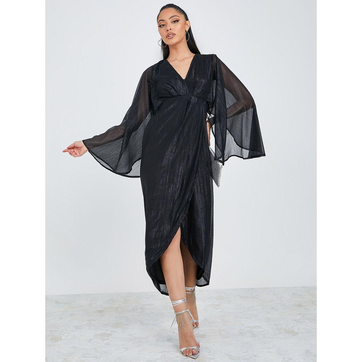 Styli Long Flare Sleeves Self Design Wrap Front Maxi Dress-women-clothing-dresses-image-2