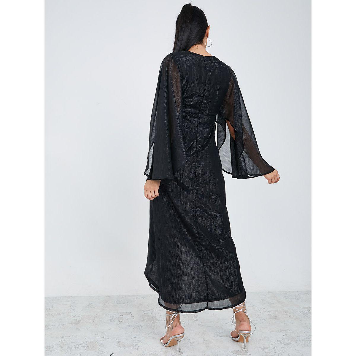 Styli Long Flare Sleeves Self Design Wrap Front Maxi Dress-women-clothing-dresses-image-4