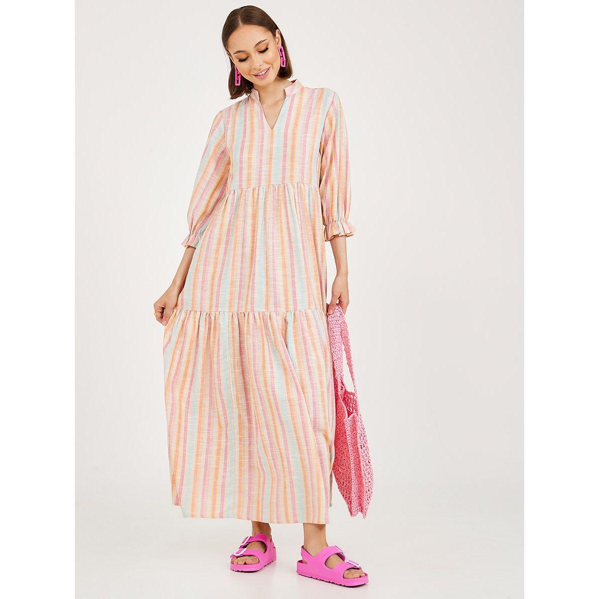 Styli 3/4 Sleeves Striped A-Line Maxi Dress-women-clothing-dresses-image-1