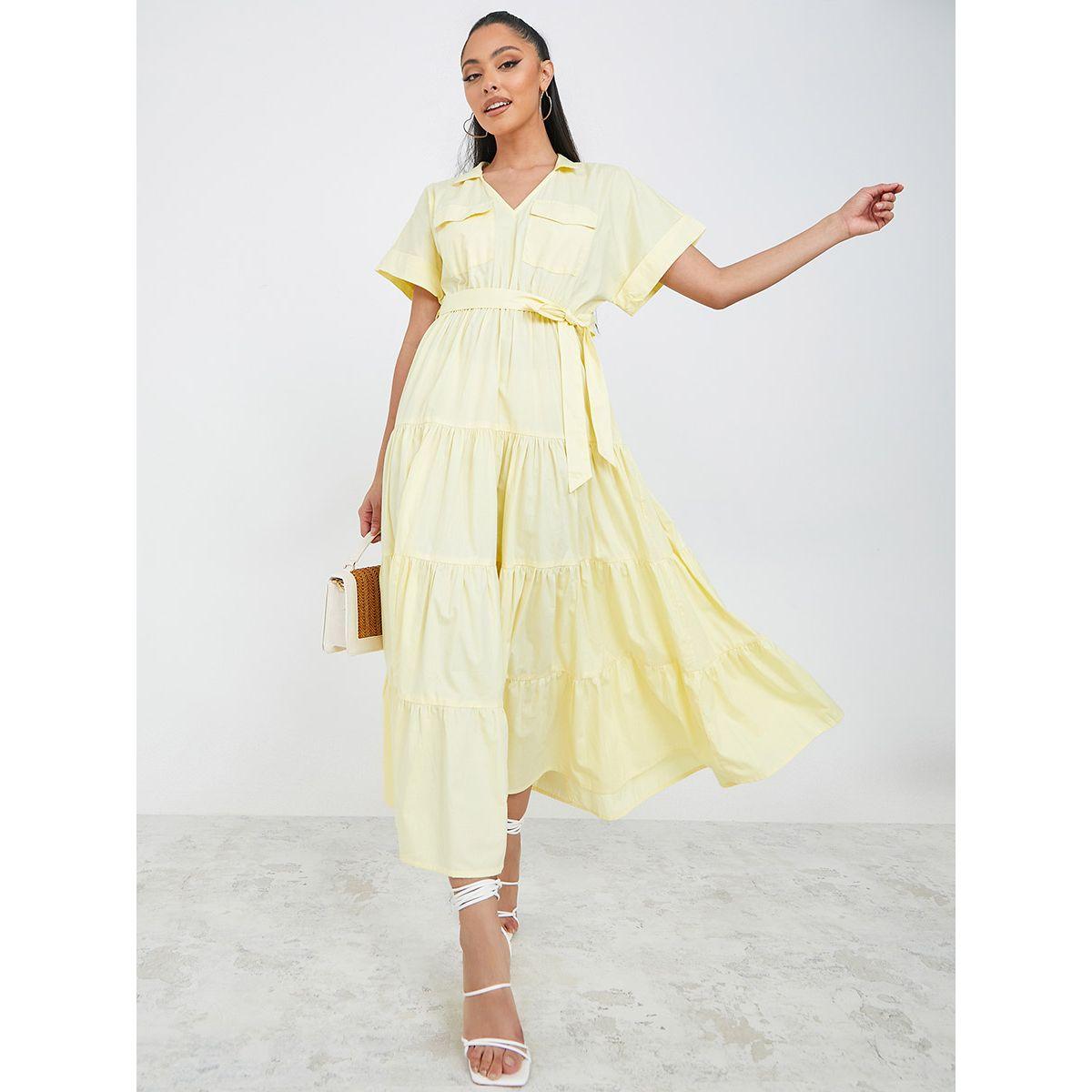 Styli Roll-Up Sleeve Flap Pocket Detail Tiered Maxi Dress-women-clothing-dresses-image-1