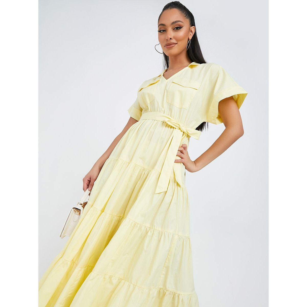 Styli Roll-Up Sleeve Flap Pocket Detail Tiered Maxi Dress-women-clothing-dresses-image-2