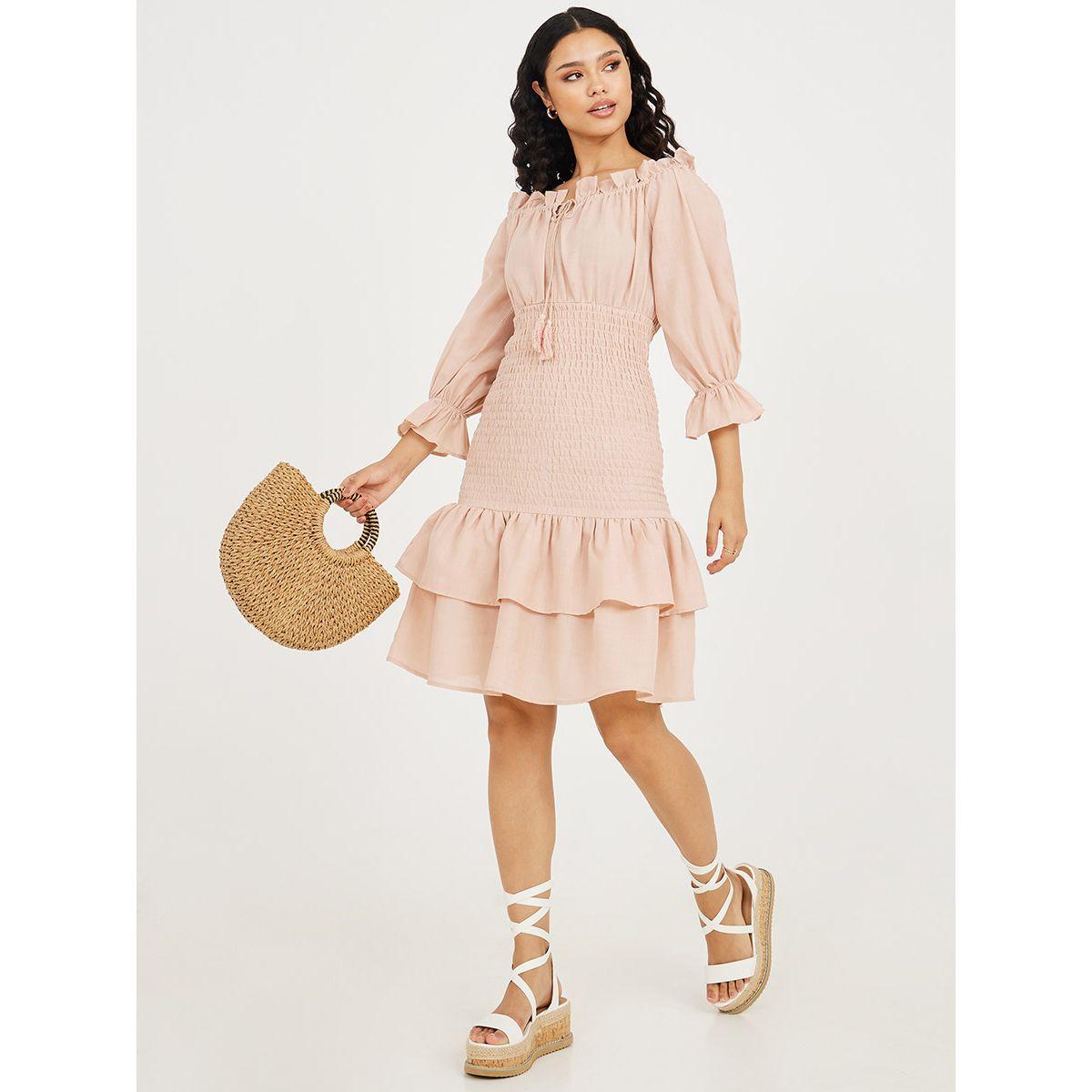 Styli 3/4 Sleeves Shirred Waist Detail Knee Length Dress-women-clothing-dresses-image-2