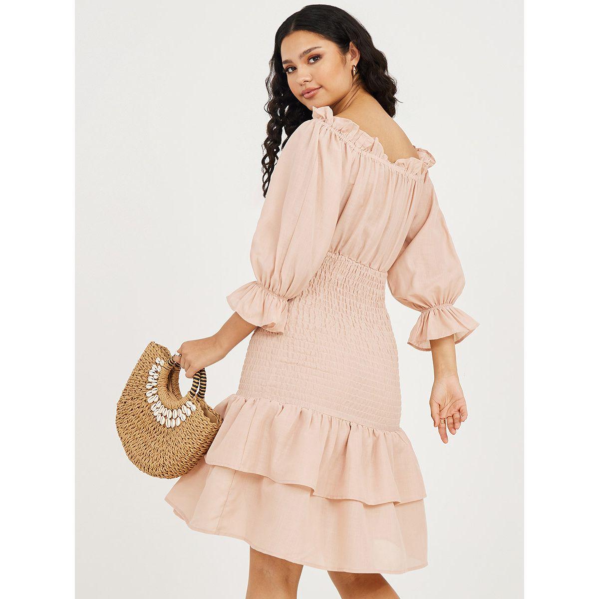 Styli 3/4 Sleeves Shirred Waist Detail Knee Length Dress-women-clothing-dresses-image-4