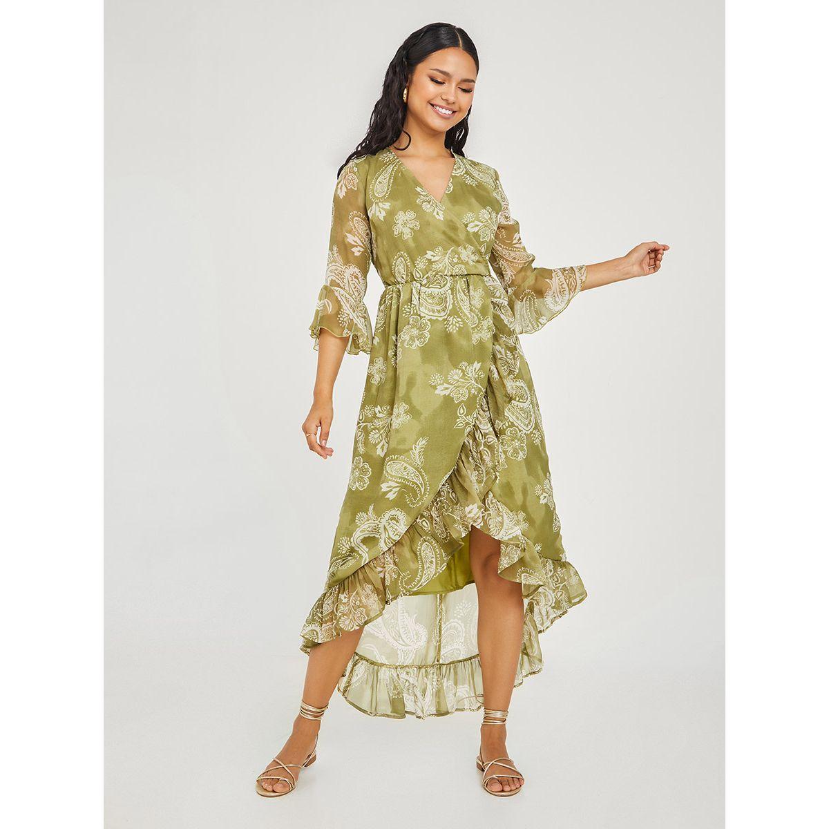 Styli 3/4 Sleeves Paisley Print Asymmetric Wrap Midi Dress-women-clothing-dresses-image-1