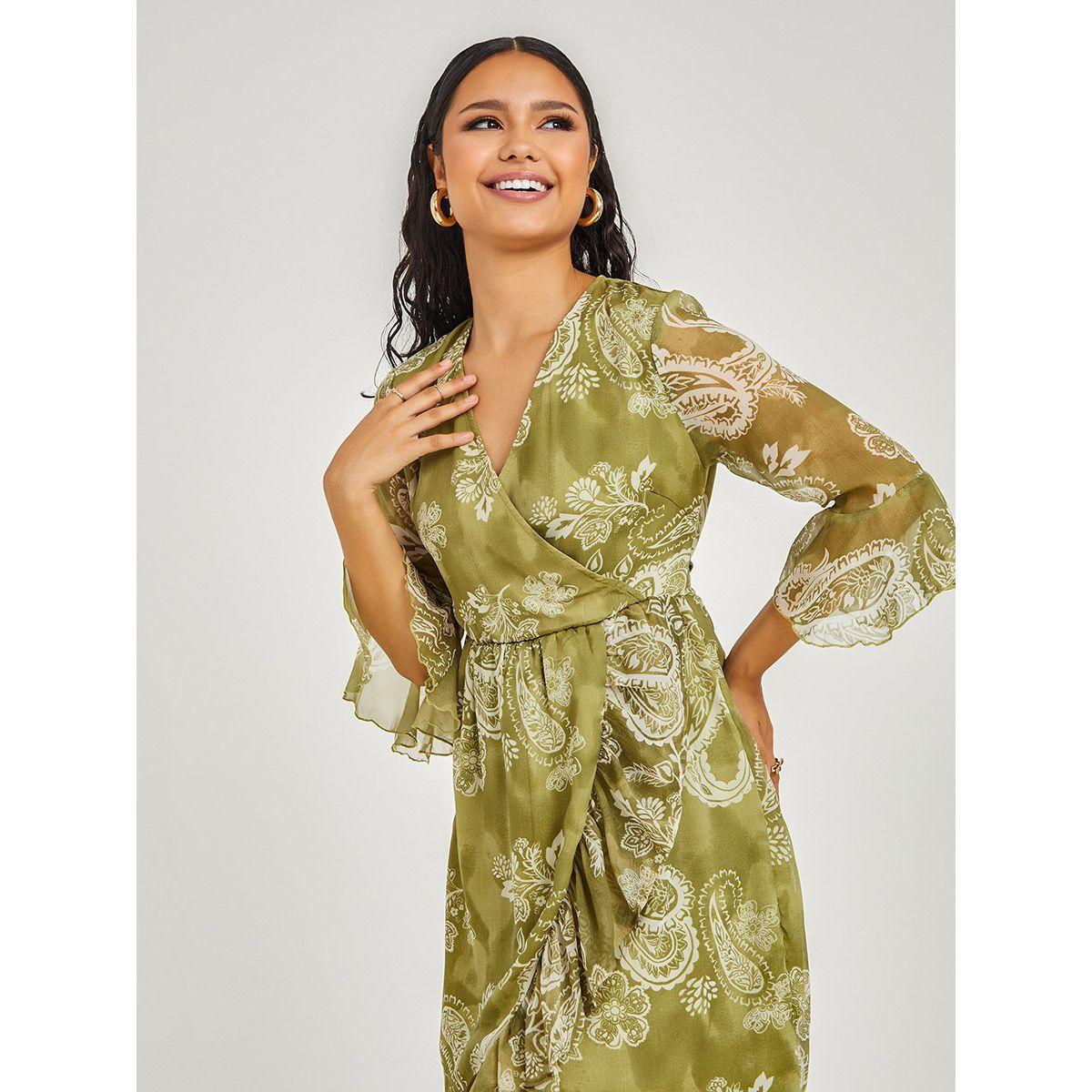 Styli 3/4 Sleeves Paisley Print Asymmetric Wrap Midi Dress-women-clothing-dresses-image-2