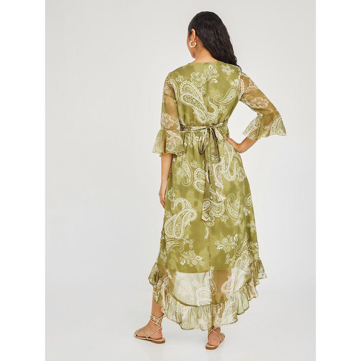Styli 3/4 Sleeves Paisley Print Asymmetric Wrap Midi Dress-women-clothing-dresses-image-4