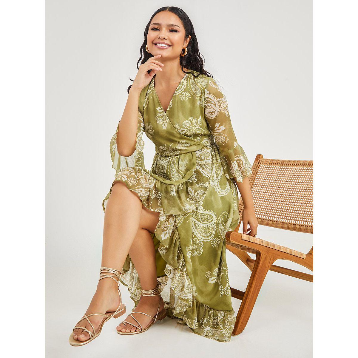 Styli 3/4 Sleeves Paisley Print Asymmetric Wrap Midi Dress-women-clothing-dresses-image-5