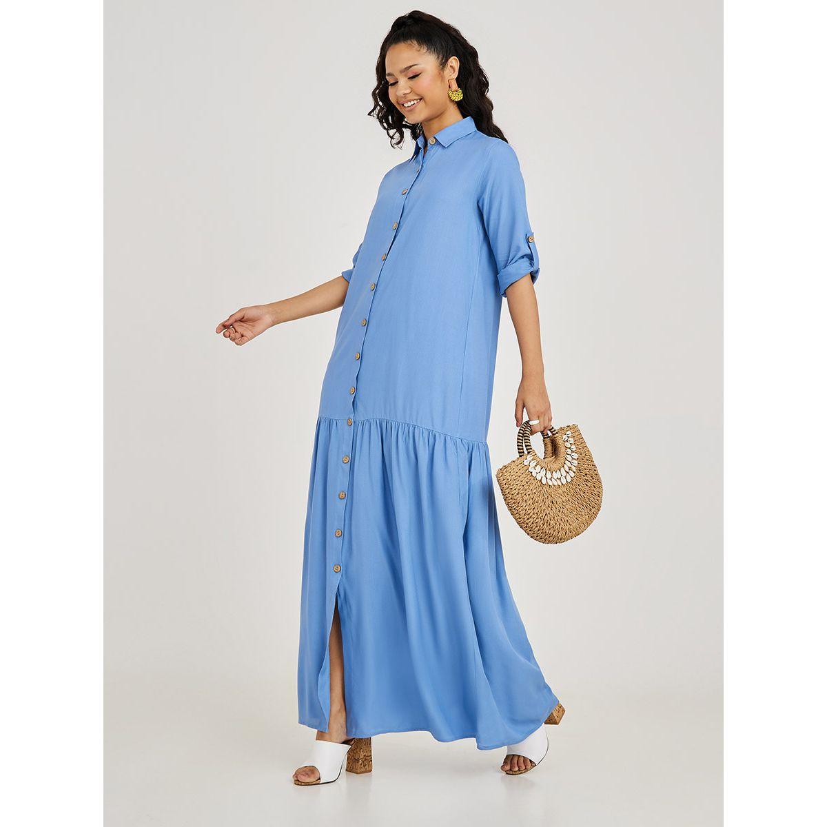 Styli Roll-Up Sleeves Button Through Shirt Maxi Dress-women-clothing-dresses-image-1