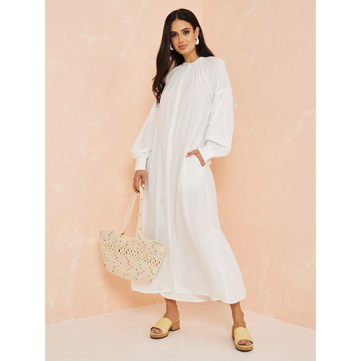 Styli Long Volume Sleeves Shirt Maxi Dress with Slip-Pocket-women-clothing-dresses-image-2