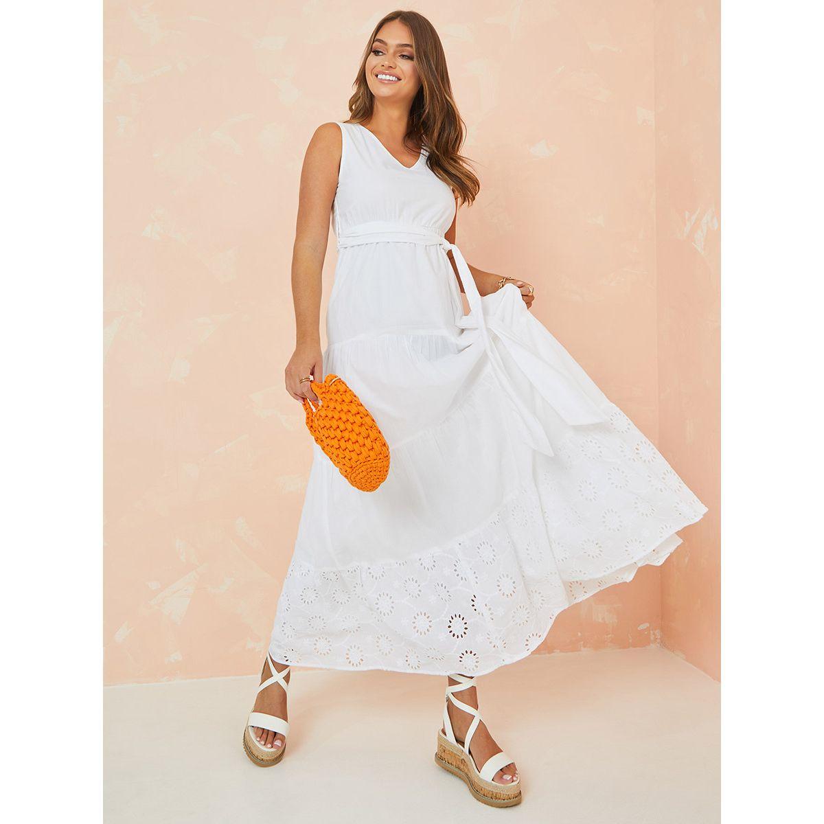 Styli Sleeveless Schiffli Border Tiered Maxi Dress-women-clothing-dresses-image-1
