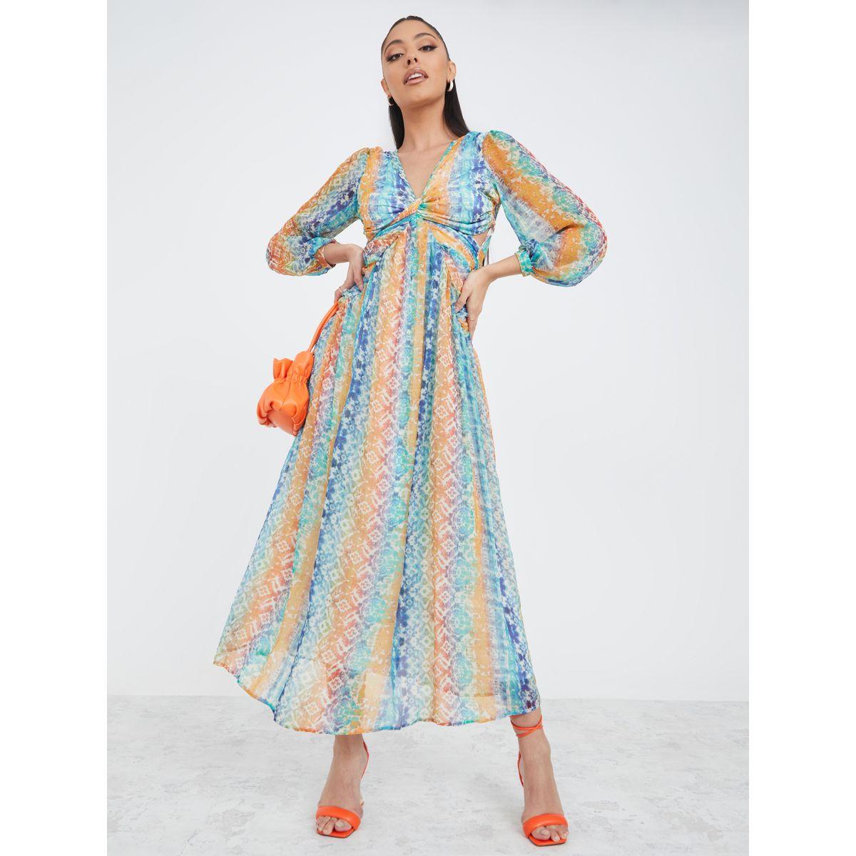 Styli 3/4 Sleeves Cut-Out Back Detail Printed A-Line Maxi Dress-women-clothing-dresses-image-1