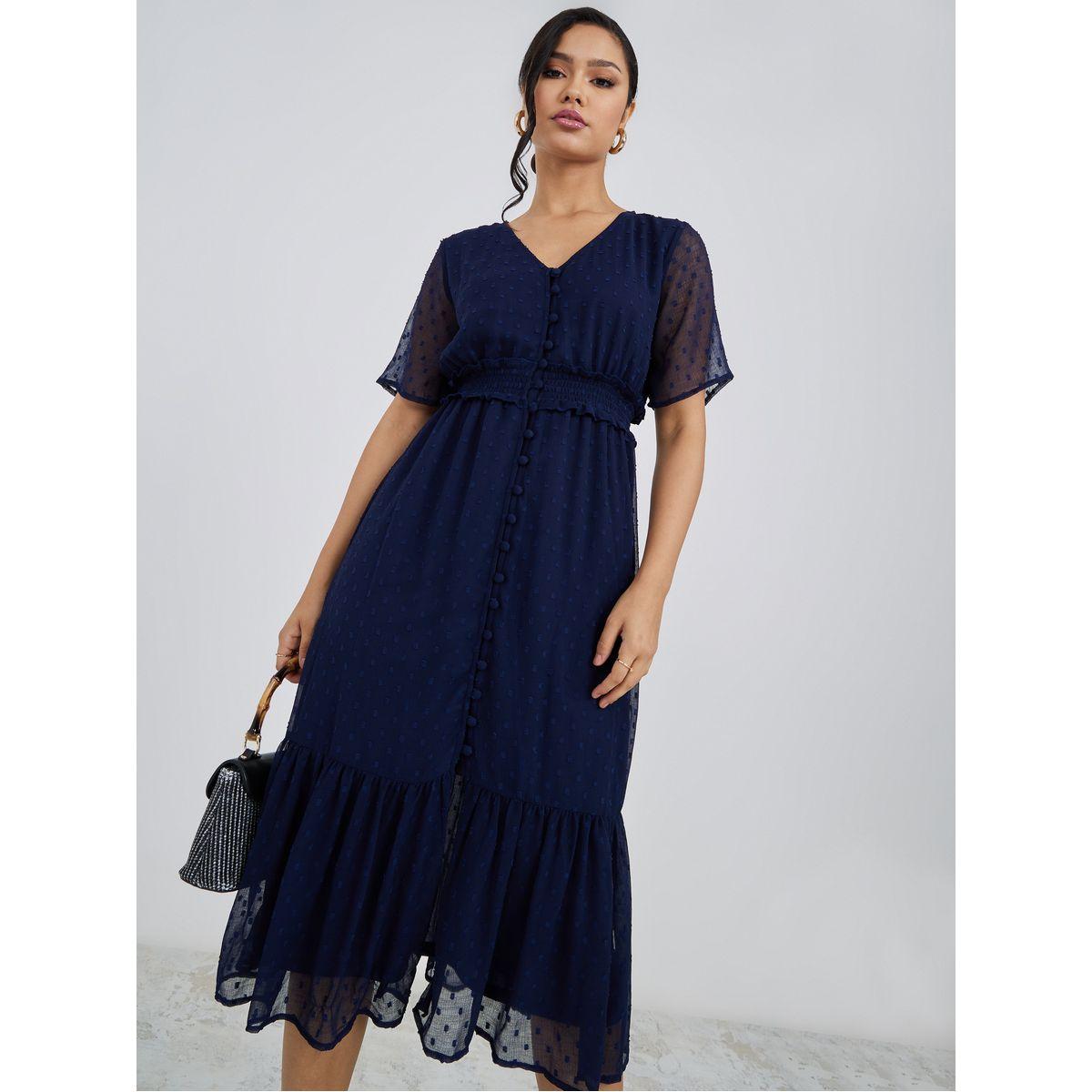 فستان ميدي باكمام قصيرة وكشكش-women-clothing-dresses-image-1