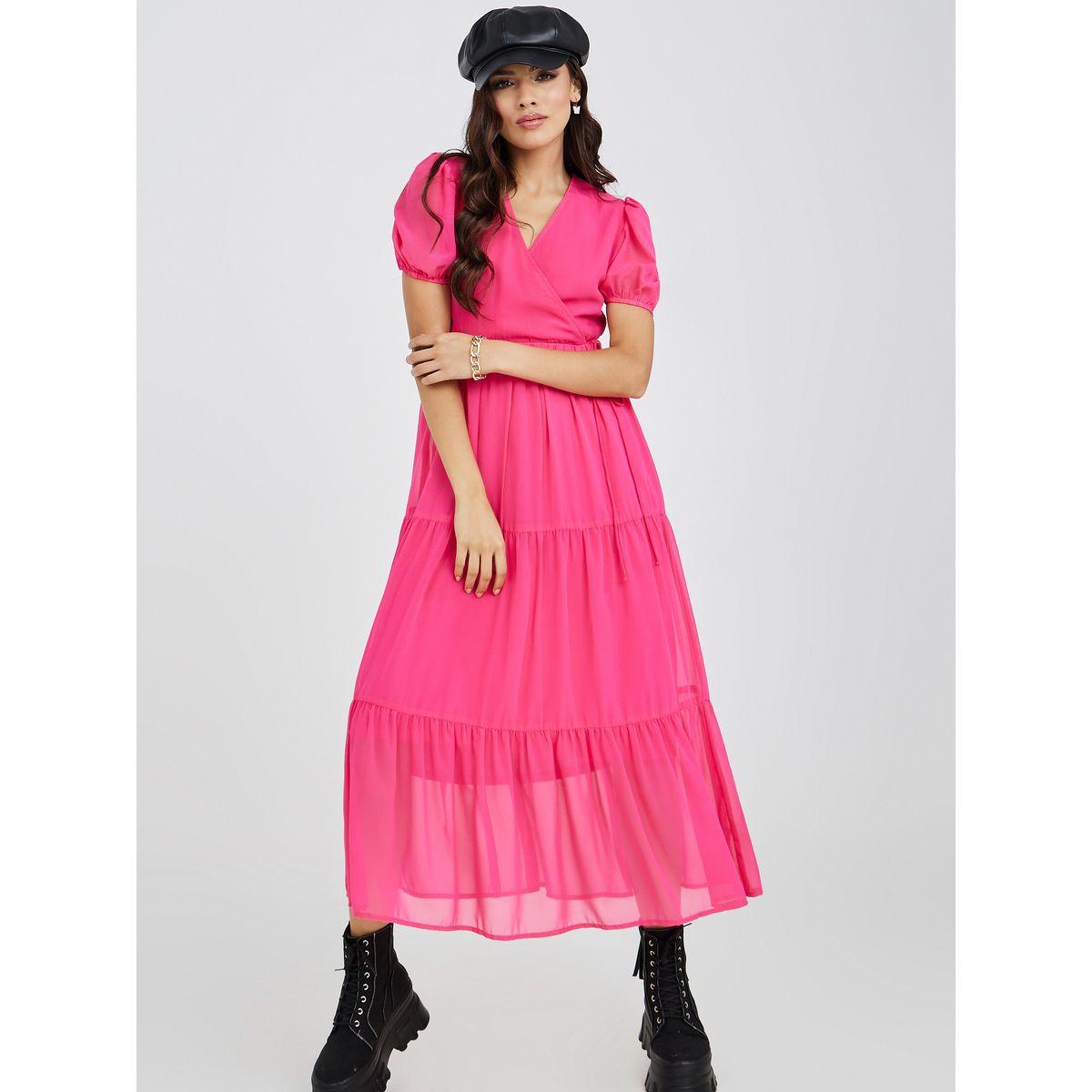 فستان ميدي باكمام قصيرة مكبلة-women-clothing-dresses-image-1