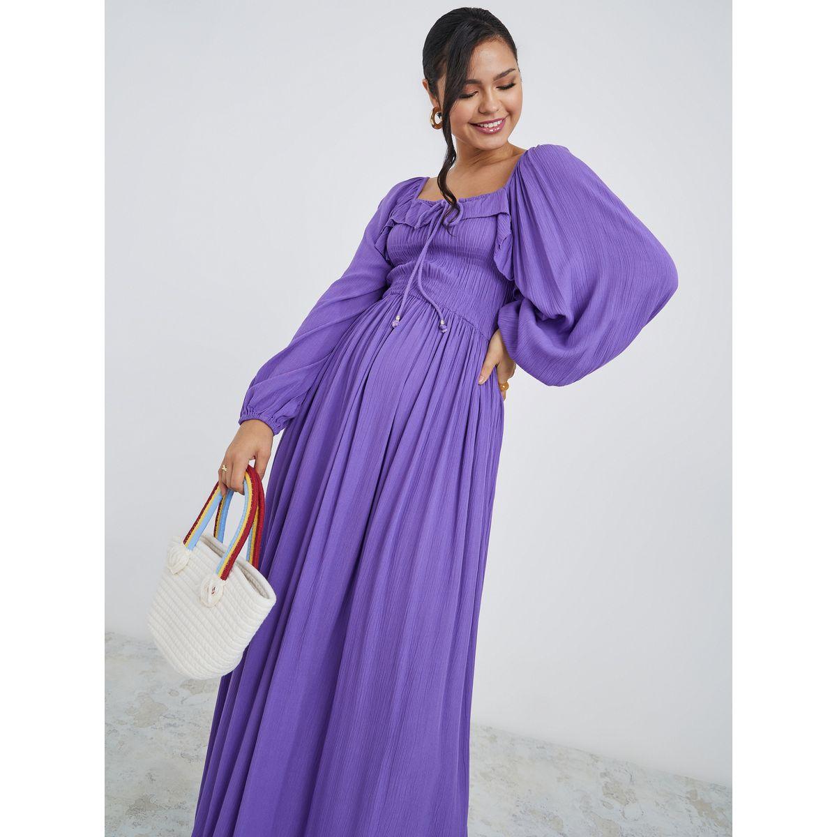 Styli Balloon Sleeves Gathered Detail A-Line Maxi Dress-women-clothing-dresses-image-1