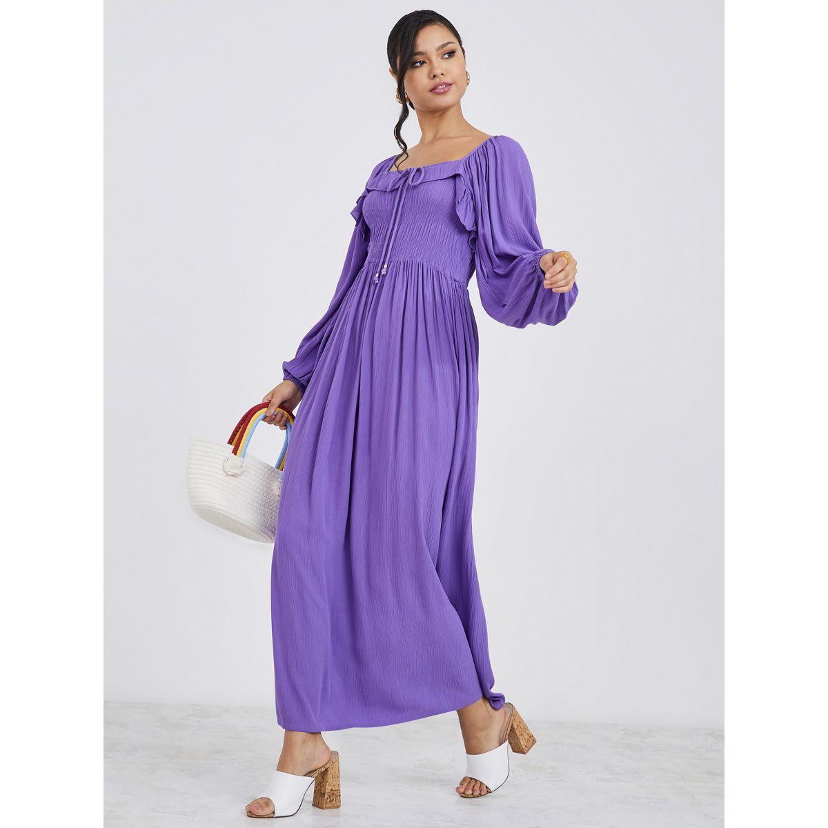 Styli Balloon Sleeves Gathered Detail A-Line Maxi Dress-women-clothing-dresses-image-2