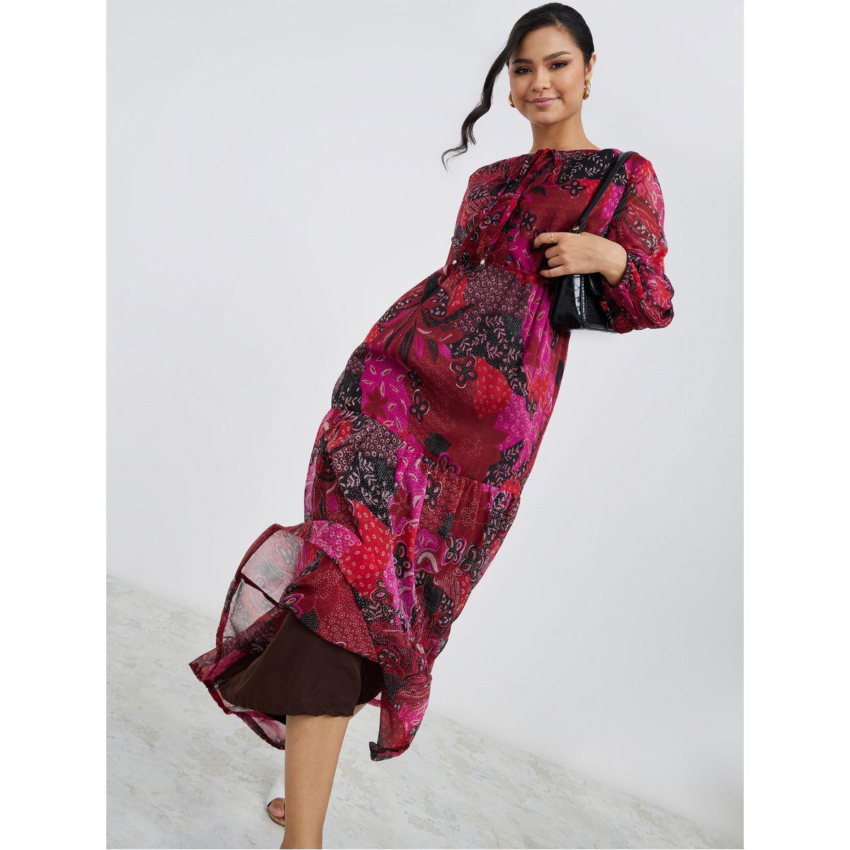 Styli Sheer Long Sleeves Floral Print Tiered Maxi Dress-women-clothing-dresses-image-1