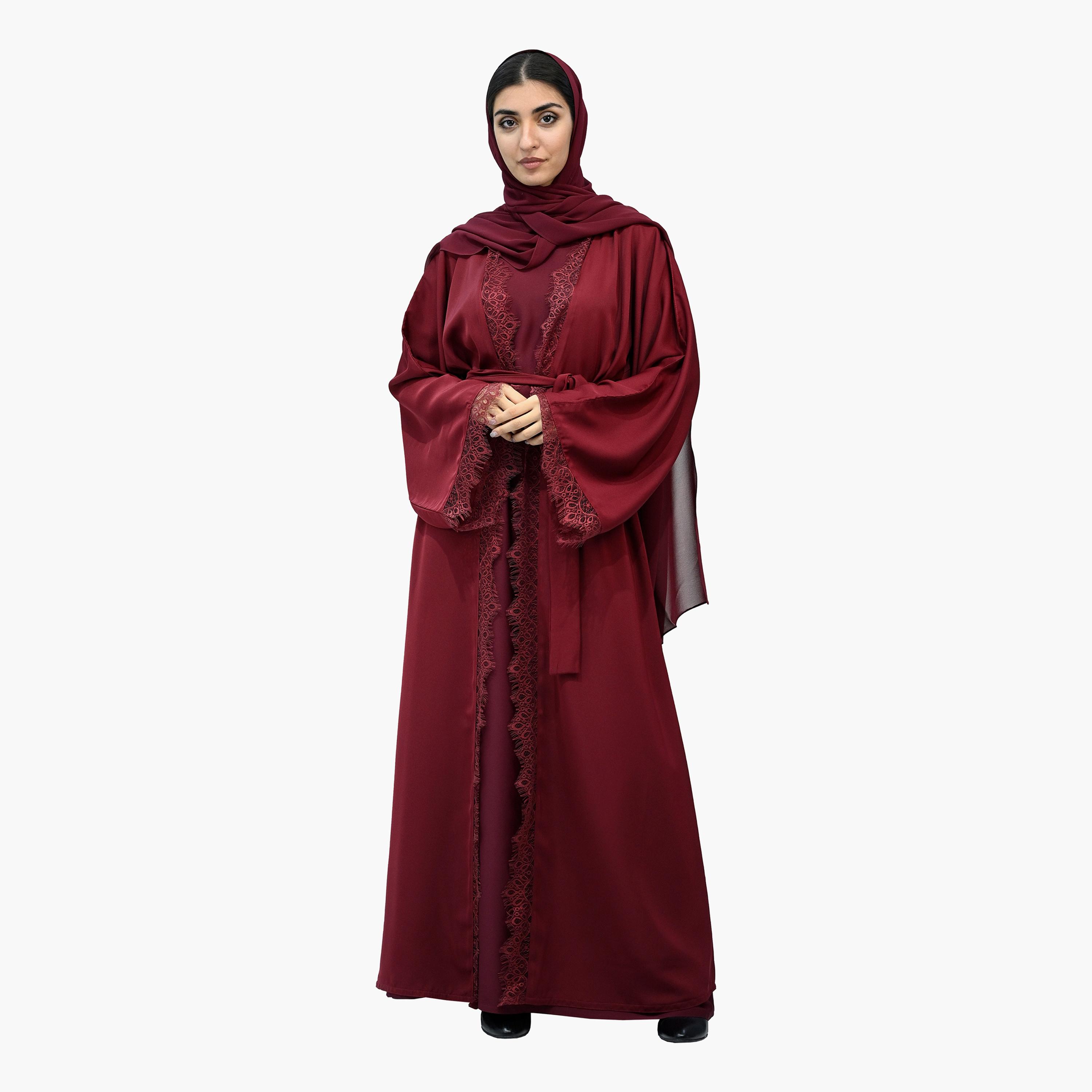 Nukhbaa Burgundy Wide Sleeves Abaya with Hijab and Belt-women-arabicclothing-abayas-image-1