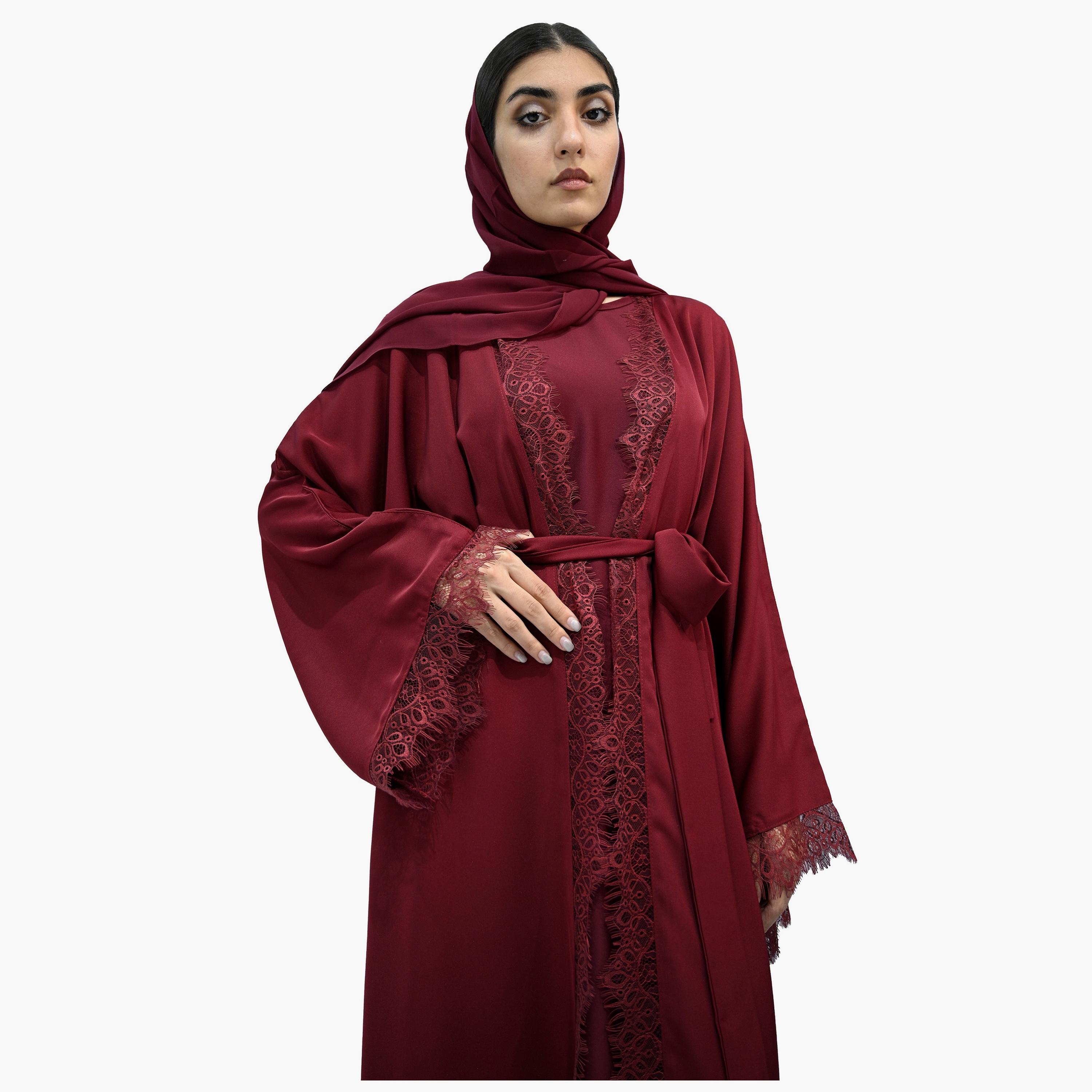 Nukhbaa Burgundy Wide Sleeves Abaya with Hijab and Belt-women-arabicclothing-abayas-image-2