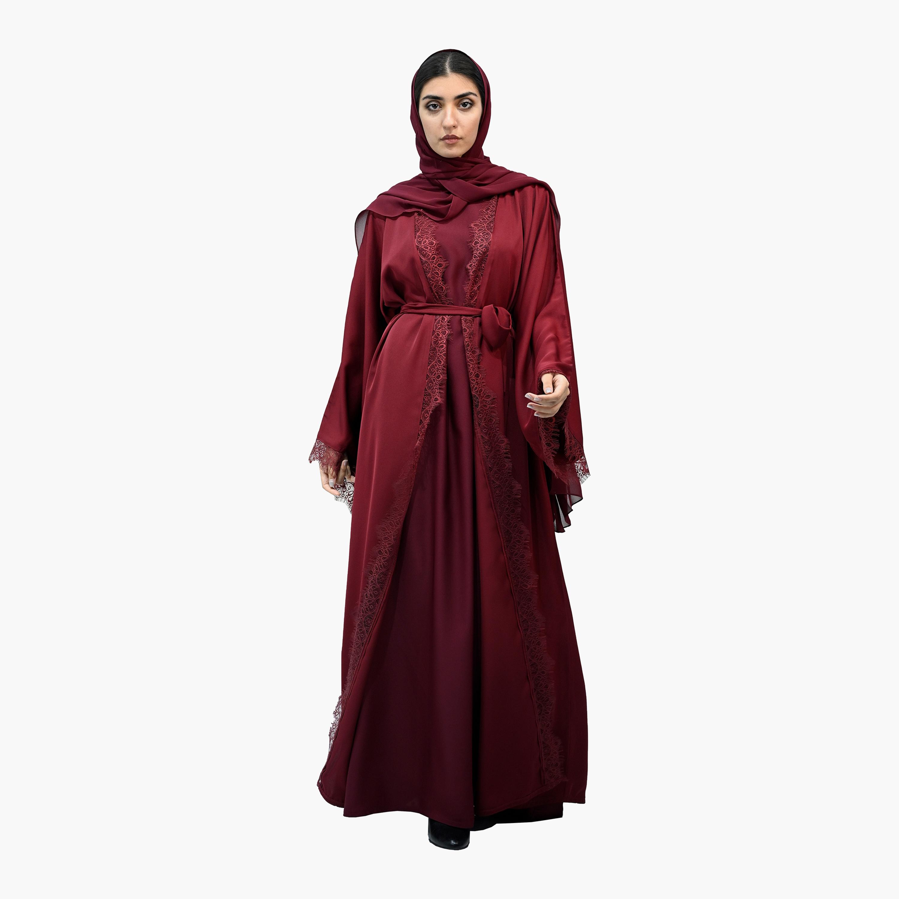 Nukhbaa Burgundy Wide Sleeves Abaya with Hijab and Belt-women-arabicclothing-abayas-image-4