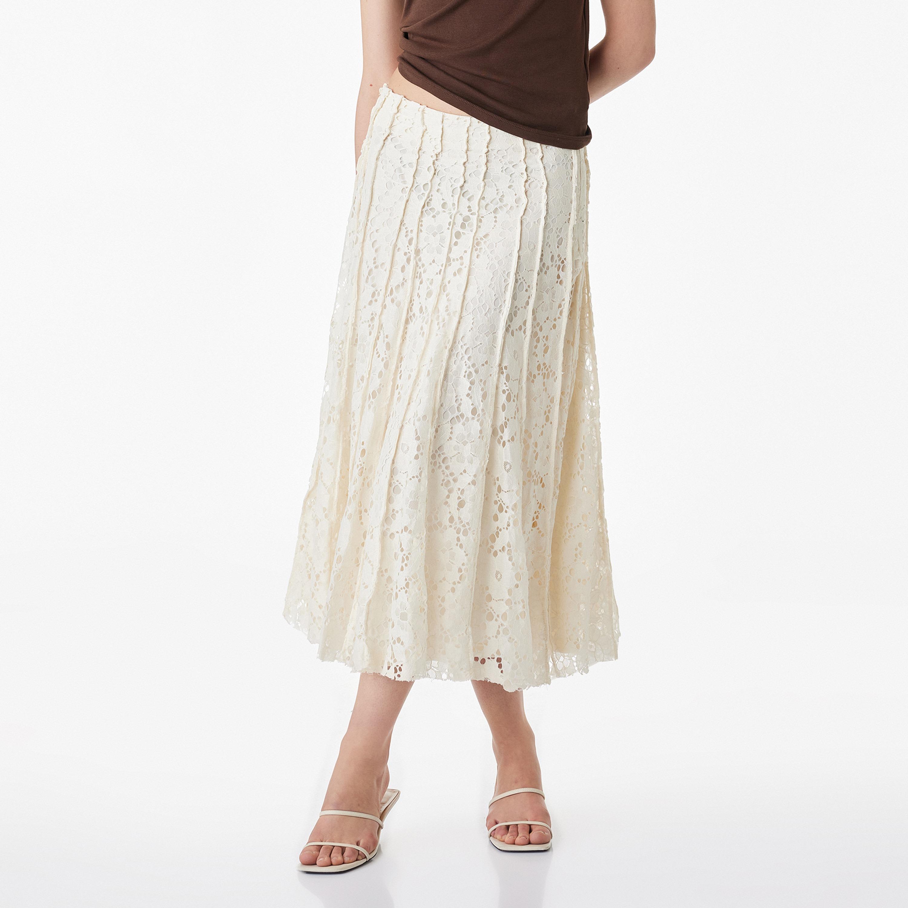 KOTON Beige All-Over Lace A-Line Women's Midi Skirt-women-clothing-bottoms-skirts-image-1