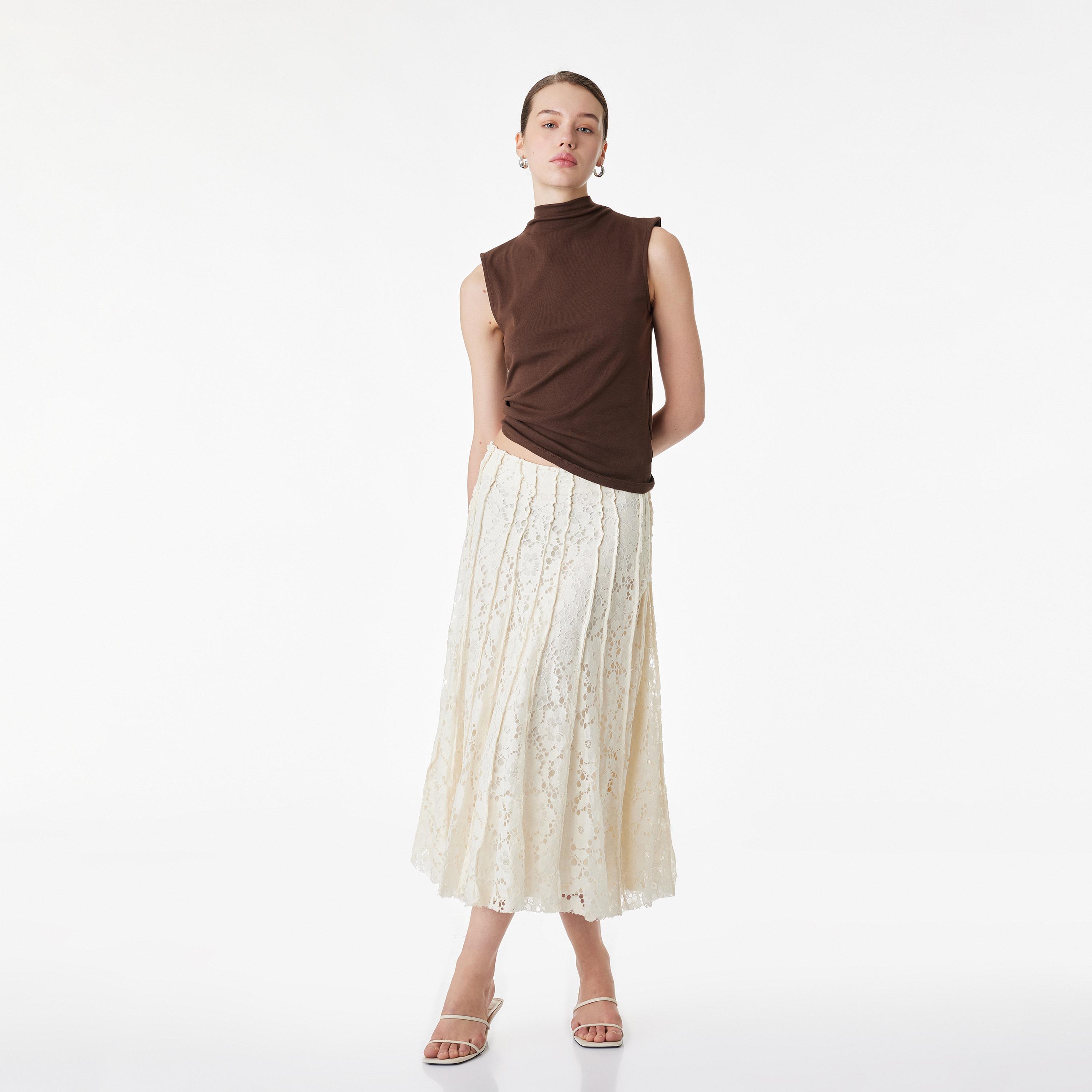 KOTON Beige All-Over Lace A-Line Women's Midi Skirt-women-clothing-bottoms-skirts-image-2