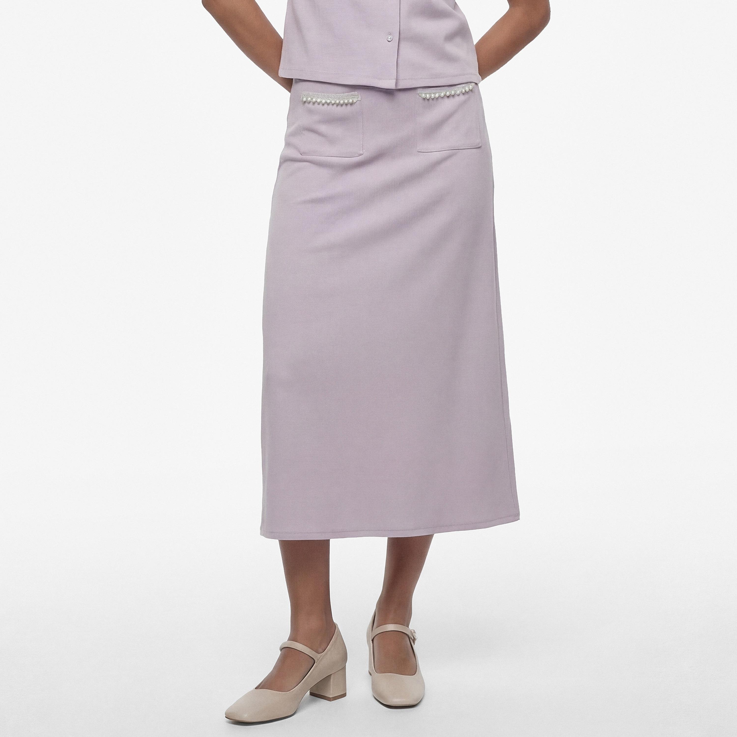 تنورة ميدي نسائية قصة قلم الرصاص (بنسل) بلون لافندر من كوتون-women-clothing-bottoms-skirts-image-1
