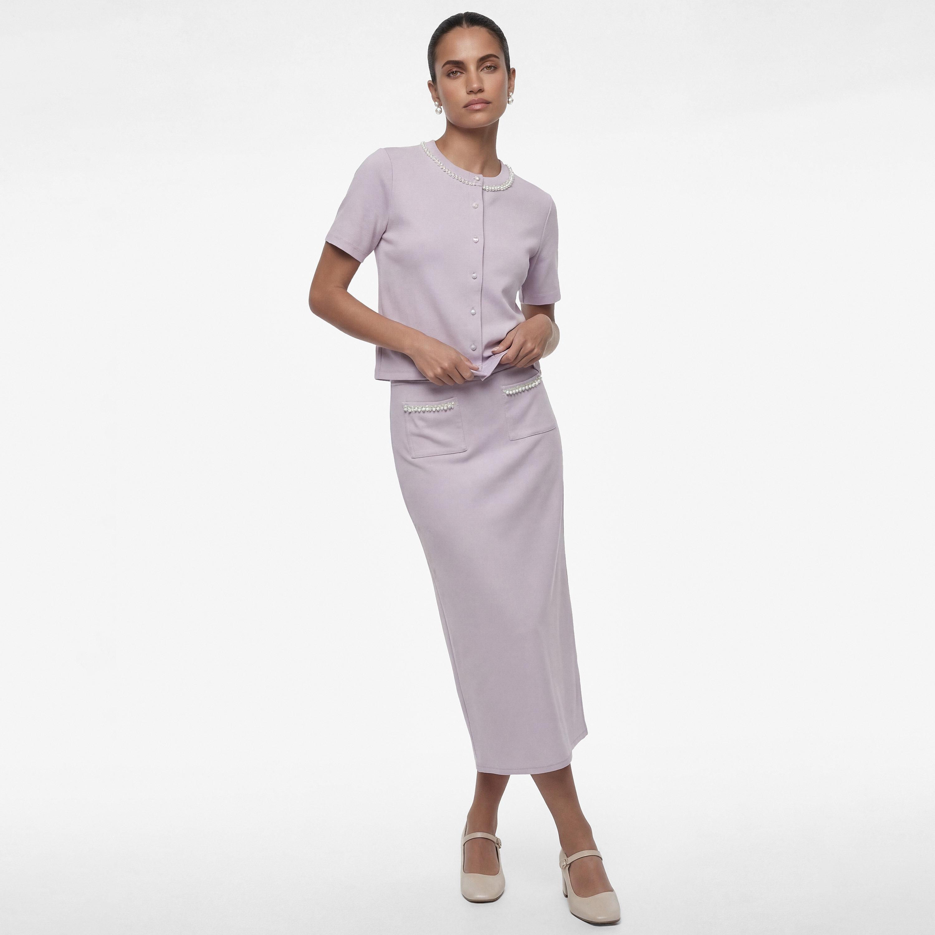 تنورة ميدي نسائية قصة قلم الرصاص (بنسل) بلون لافندر من كوتون-women-clothing-bottoms-skirts-image-2