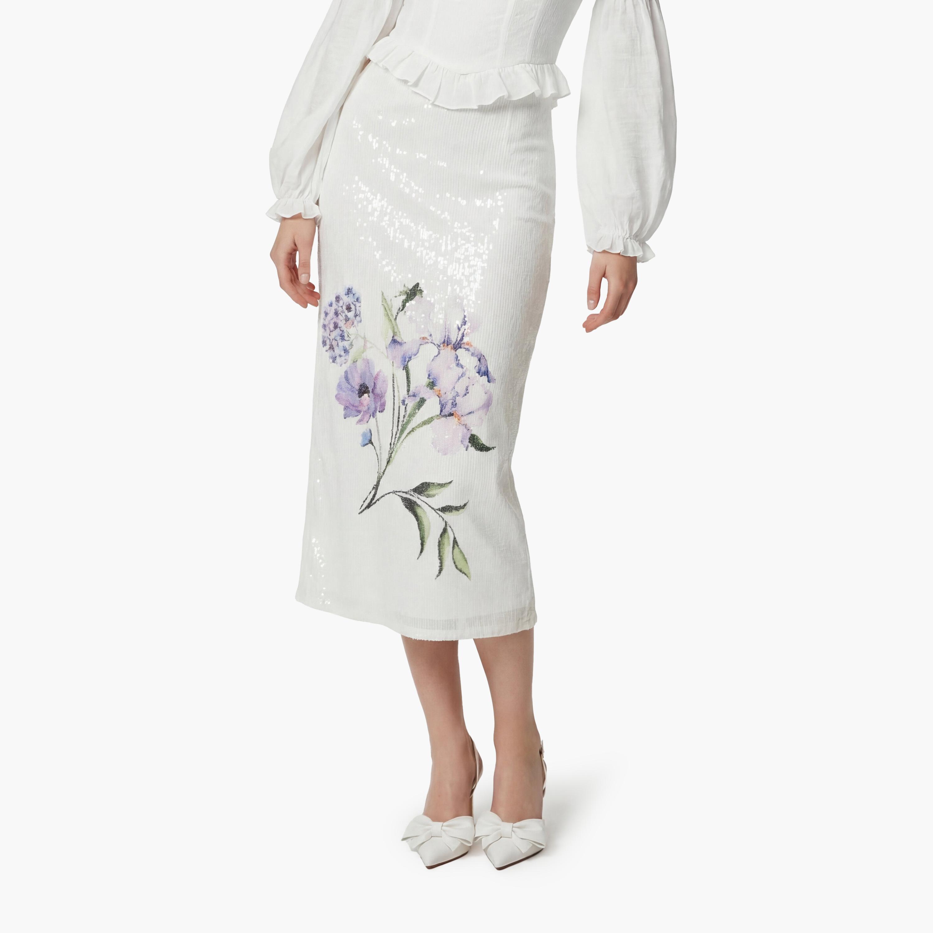 KOTON White Sequined Floral Pencil Evening Women's Midi Skirt-women-clothing-bottoms-skirts-image-1