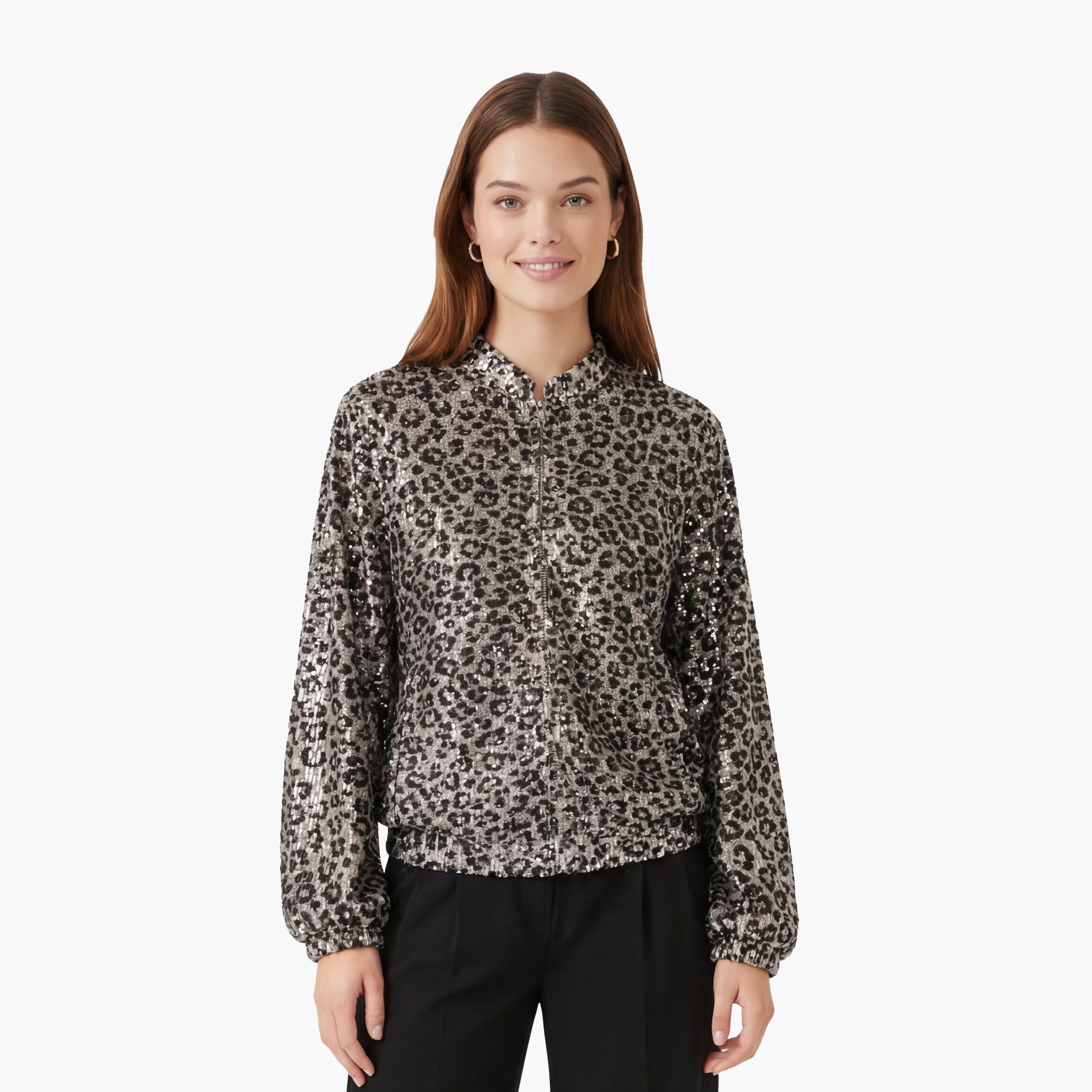 KOTON Brown Sequined & Leopard Print Mandarin Collar Women's Jacket-women-winterwear-coatsandjackets-jackets-image-1