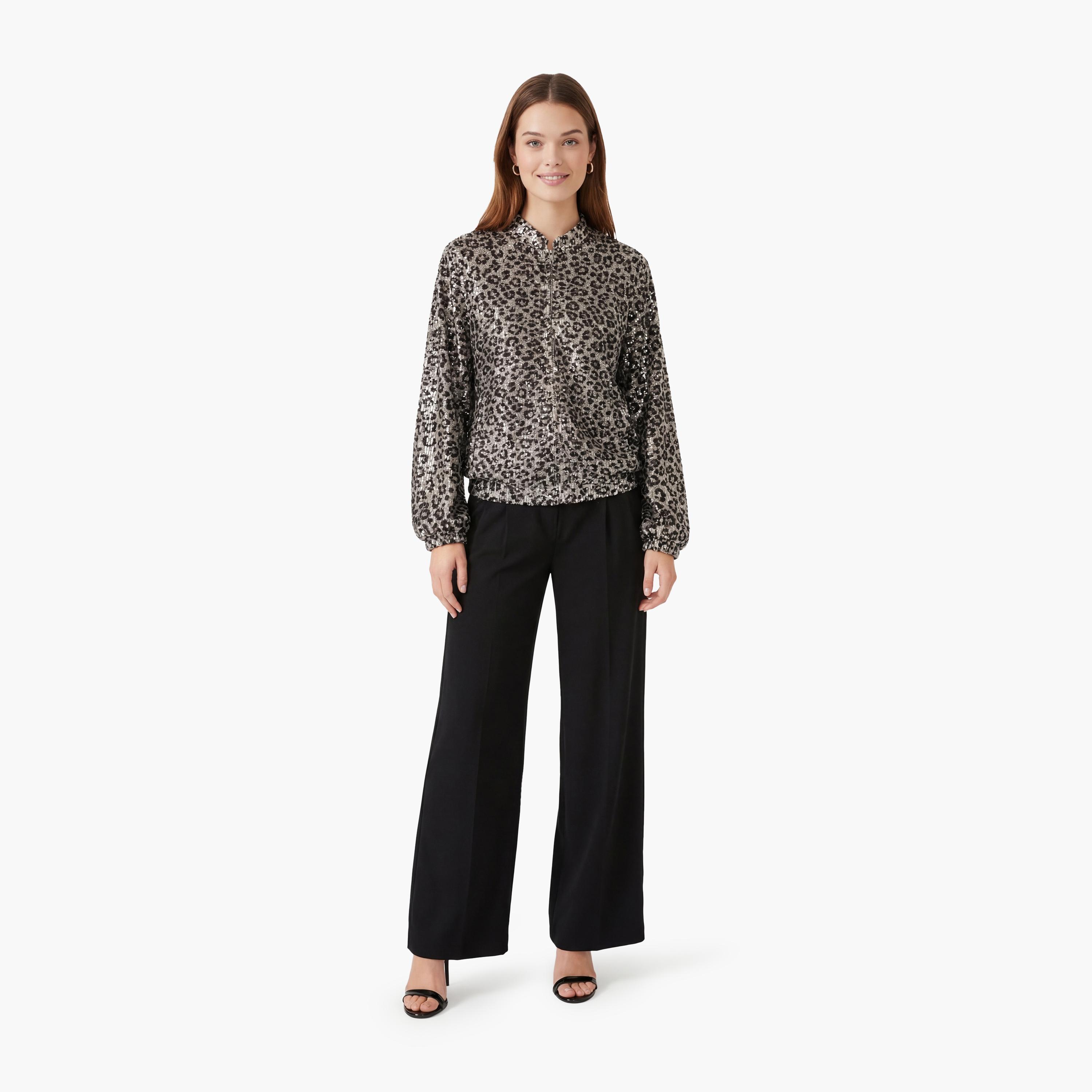 KOTON Brown Sequined & Leopard Print Mandarin Collar Women's Jacket-women-winterwear-coatsandjackets-jackets-image-2