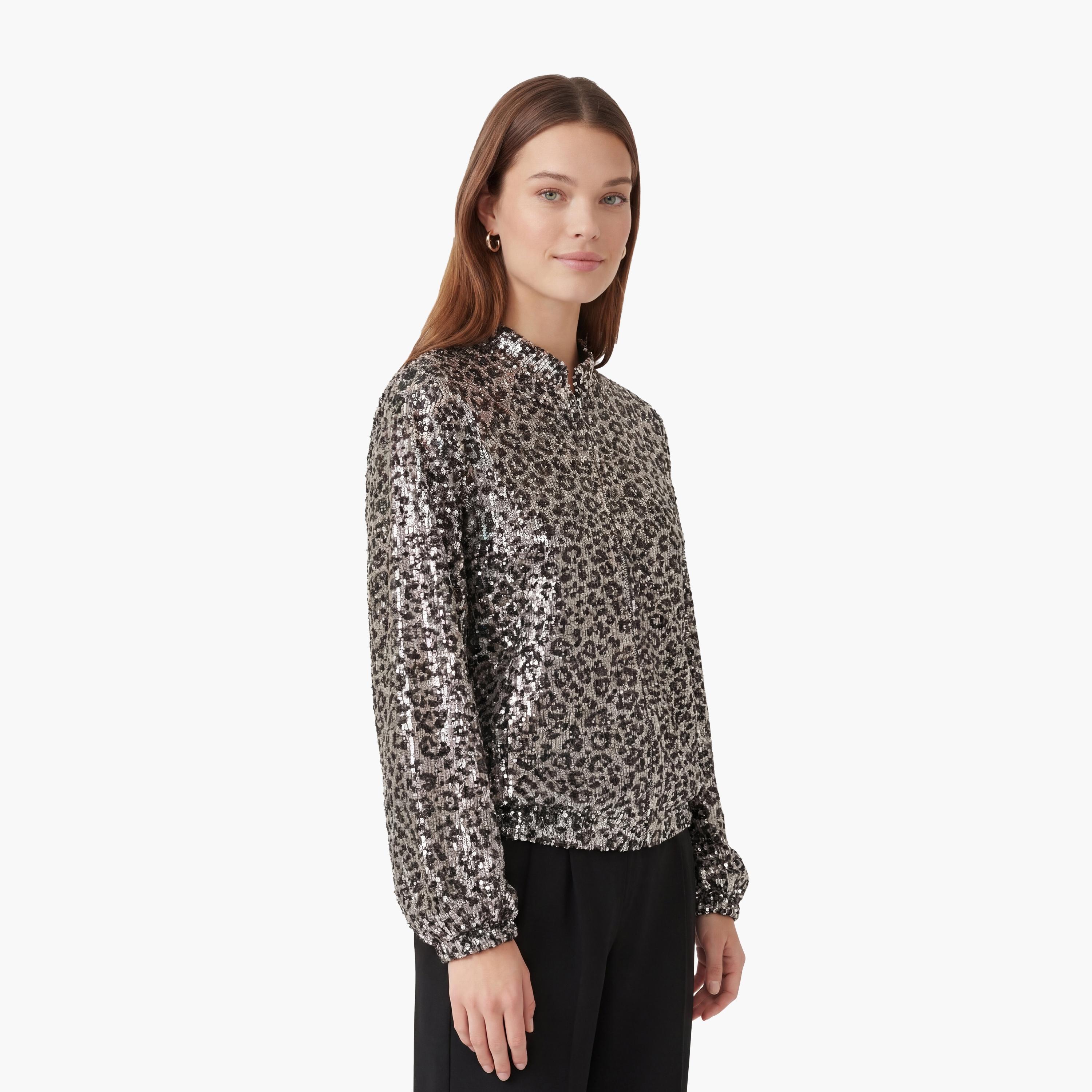 KOTON Brown Sequined & Leopard Print Mandarin Collar Women's Jacket-women-winterwear-coatsandjackets-jackets-image-3
