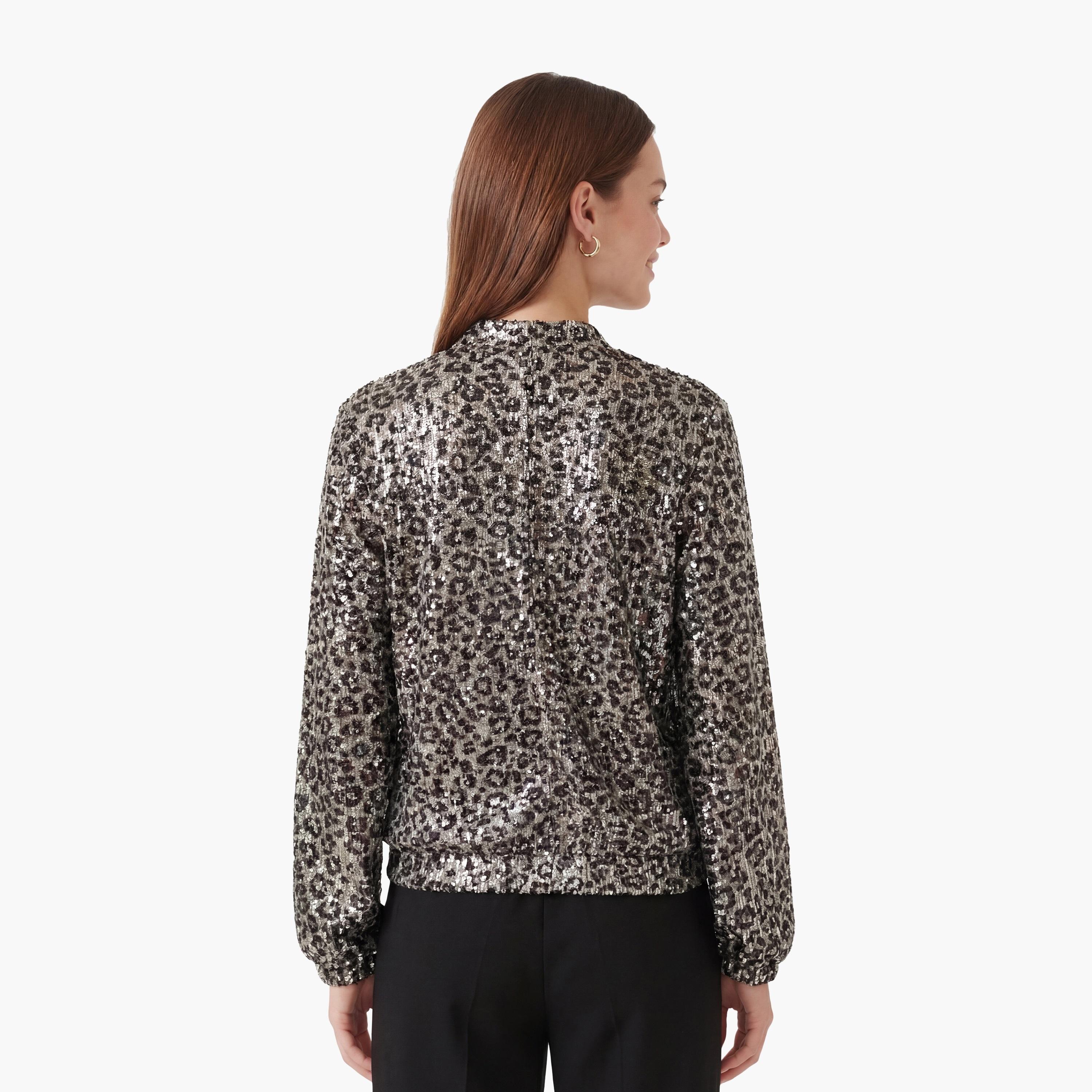 KOTON Brown Sequined & Leopard Print Mandarin Collar Women's Jacket-women-winterwear-coatsandjackets-jackets-image-4